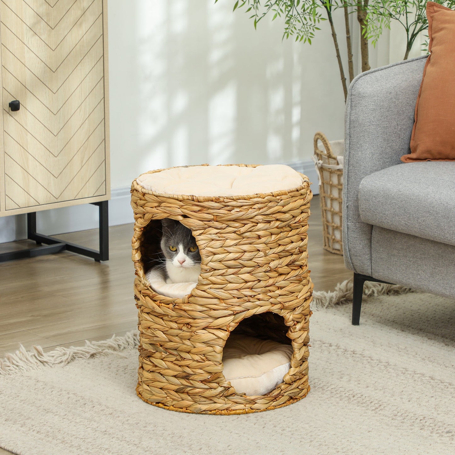 Cat Condo Barrel, 2-Storey Cat Tree Tower with Top Perch and 2 Hideaways, 2 Entrances, 3 Cushions, for Indoor Kittens, Light Brown