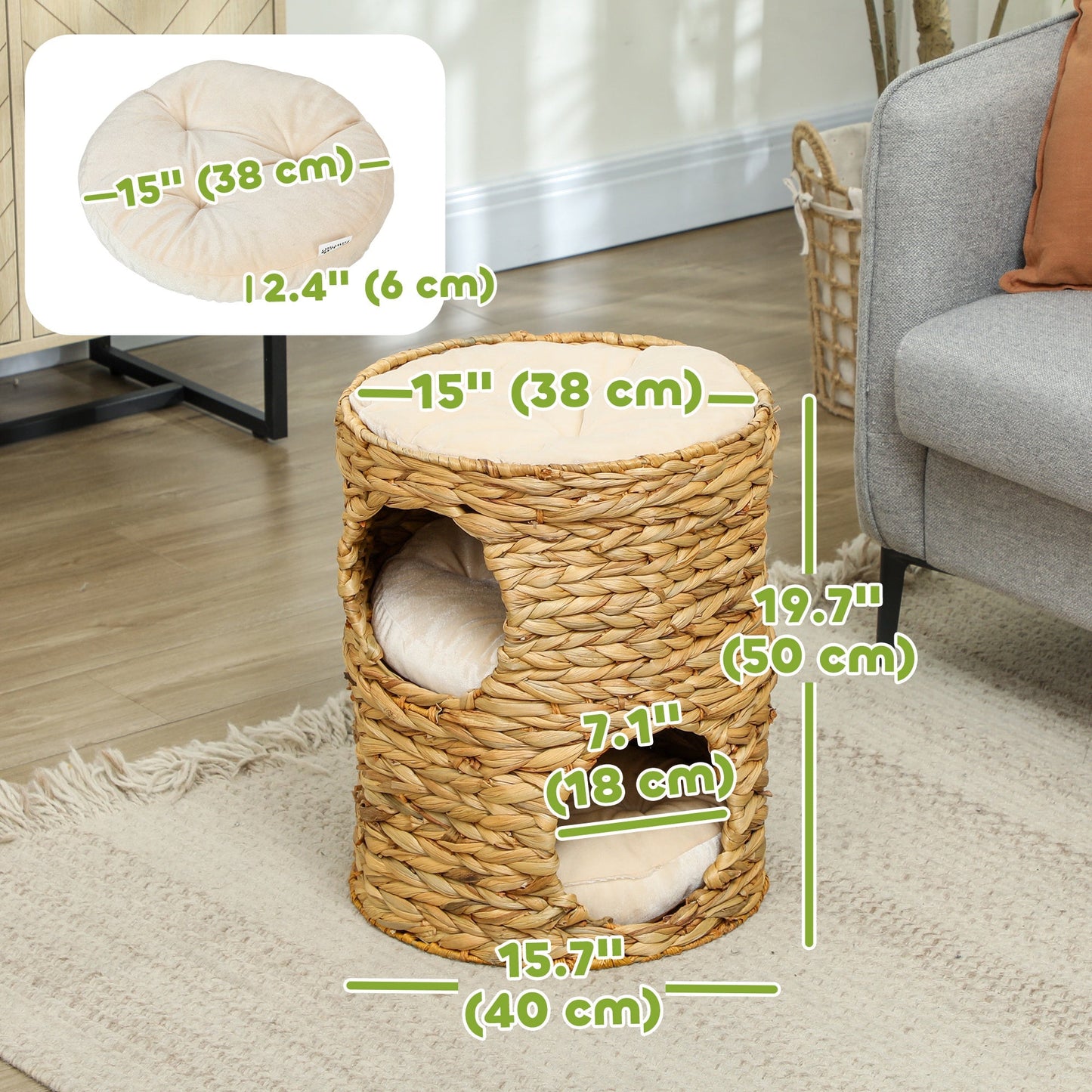 Cat Condo Barrel, 2-Storey Cat Tree Tower with Top Perch and 2 Hideaways, 2 Entrances, 3 Cushions, for Indoor Kittens, Light Brown