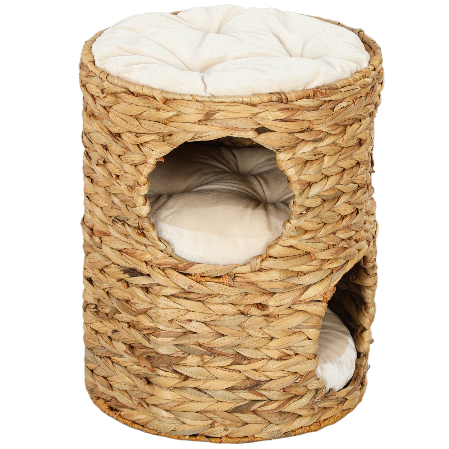 Cat Condo Barrel, 2-Storey Cat Tree Tower with Top Perch and 2 Hideaways, 2 Entrances, 3 Cushions, for Indoor Kittens, Light Brown
