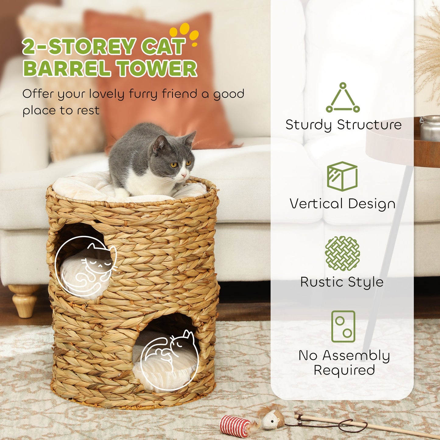 Cat Condo Barrel, 2-Storey Cat Tree Tower with Top Perch and 2 Hideaways, 2 Entrances, 3 Cushions, for Indoor Kittens, Light Brown