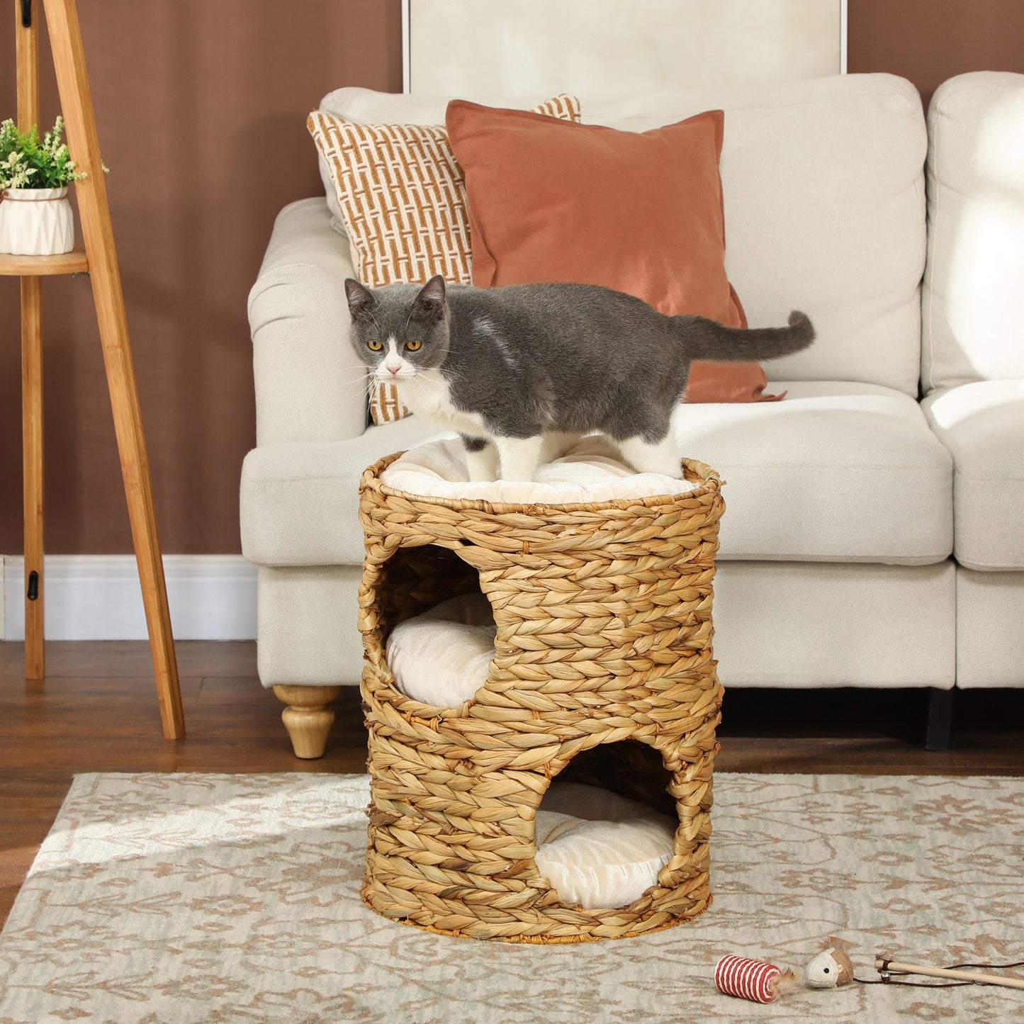 Cat Condo Barrel, 2-Storey Cat Tree Tower with Top Perch and 2 Hideaways, 2 Entrances, 3 Cushions, for Indoor Kittens, Light Brown