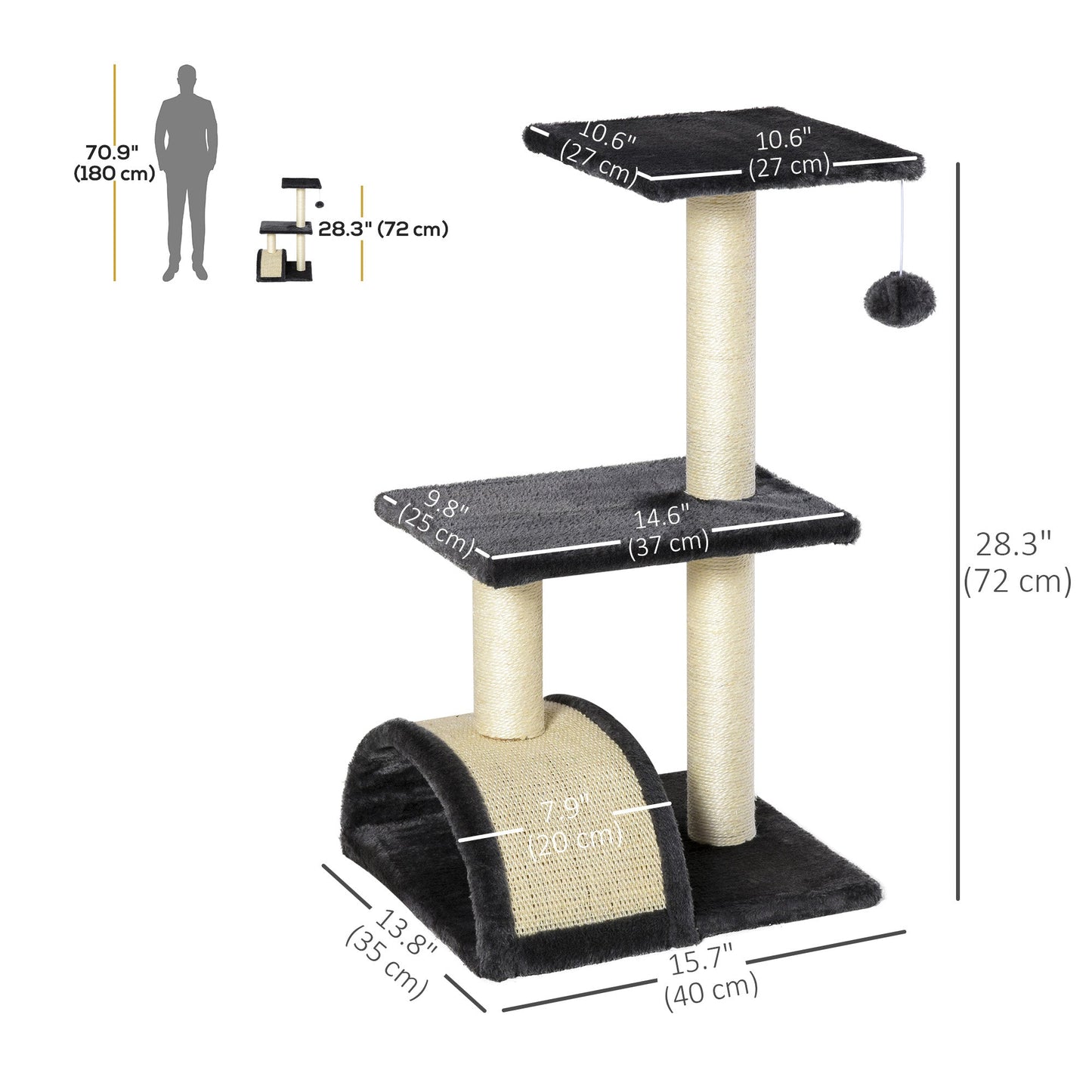 Cat Tree Tower for Indoor Cats, 28 Inches Climbing Activity Center w/ Sisal Scratching Post, Pad, Arc Perch, Hanging Ball, Toy, Grey and Cream White