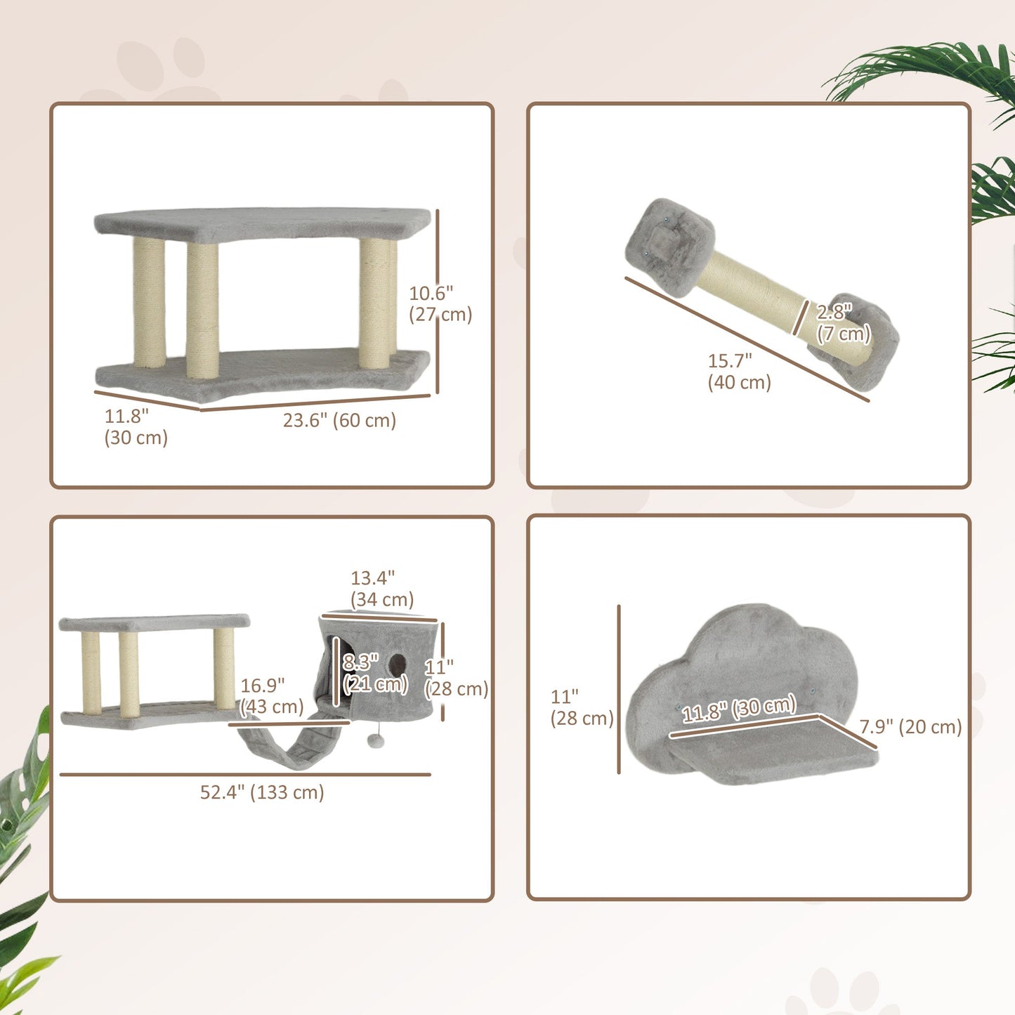Cat Wall Shelves, 4PCs Cat Shelves with Scratching Post, Jumping Platforms, Ladder, Condo, Ceiling Wall Mounted Cat Climber, Light Grey