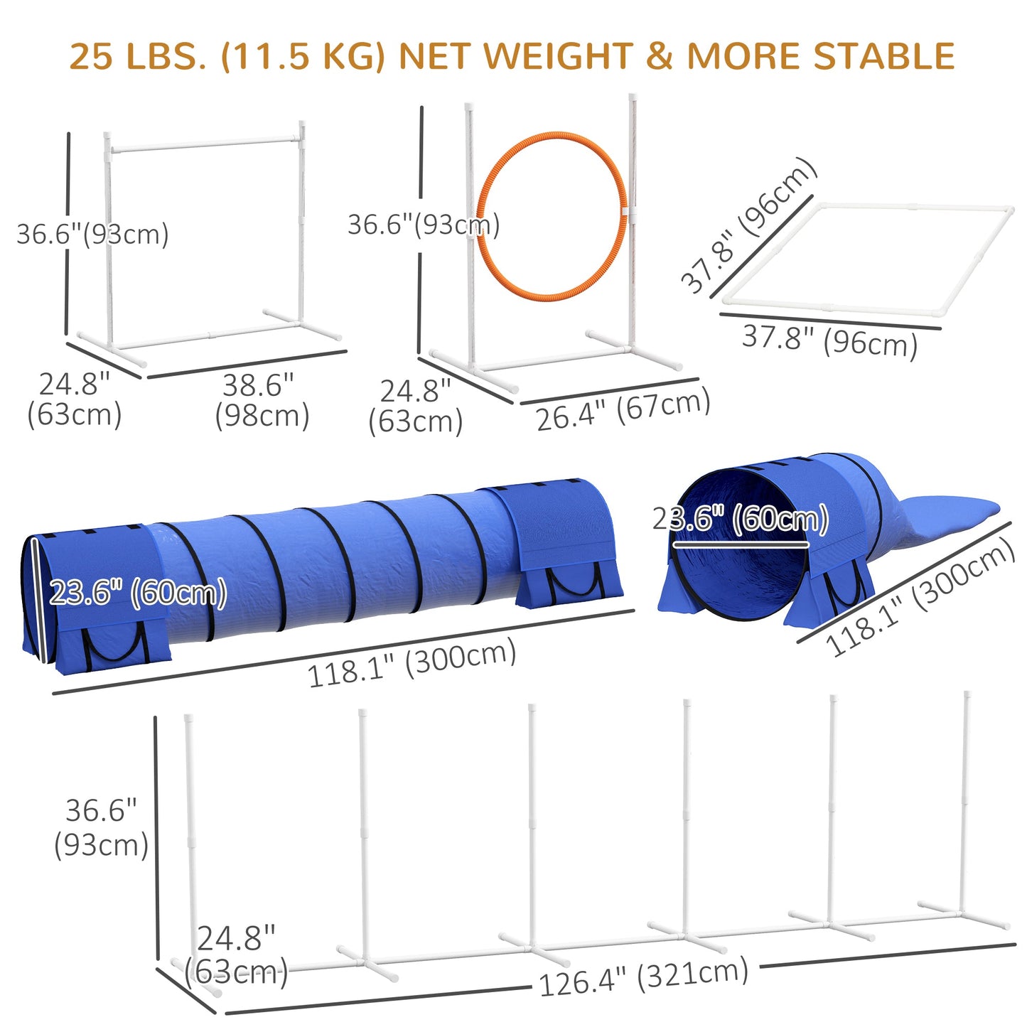 7Pcs Dog Agility Training Equipment 11.5KG Net Weight, Obstacle Starter Kit with 2 Tunnels, Adjustable Jump Ring, 2 Jumpers, Weave Poles, Pause Box, Carrying Bag, Whistle