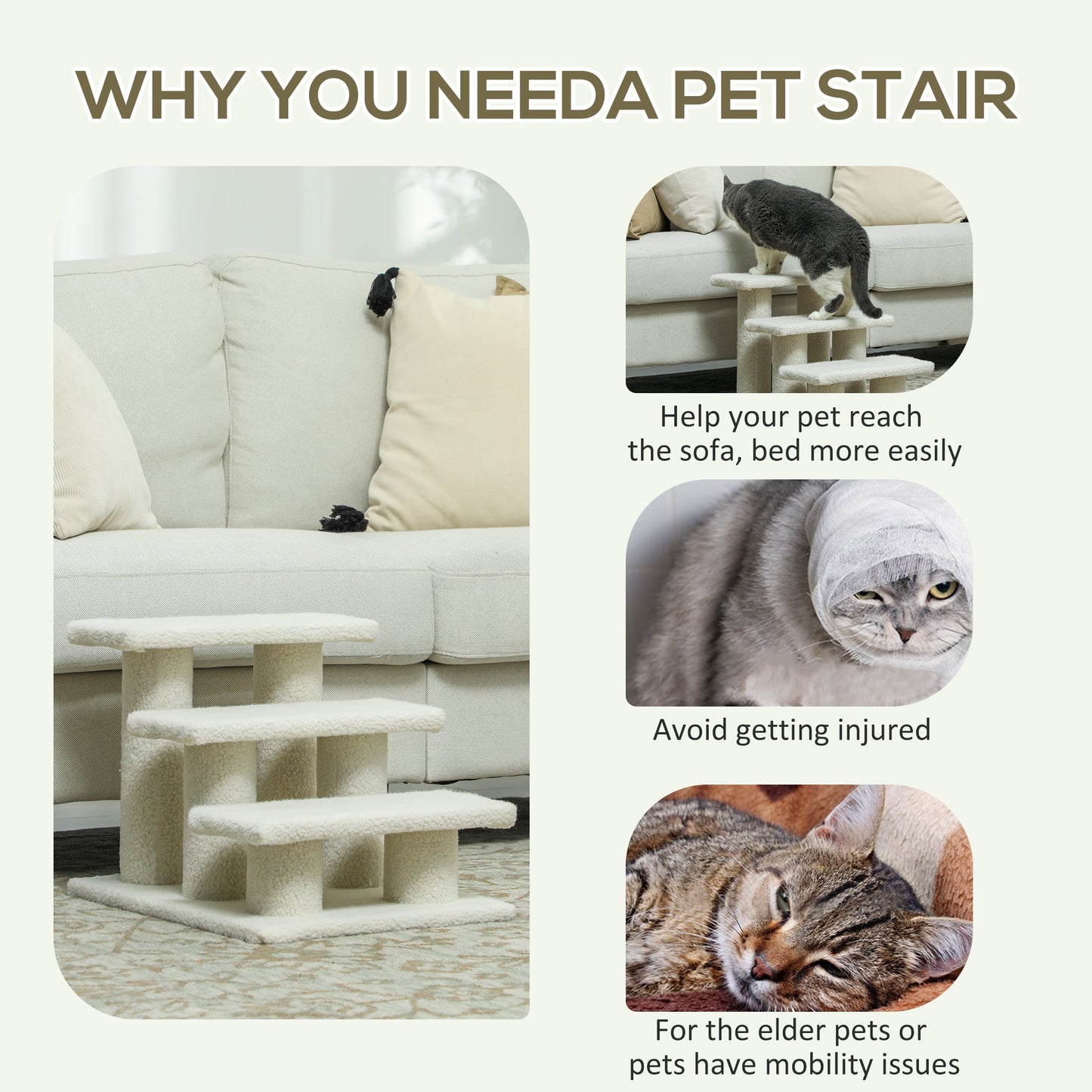 3-Step Multi-Level Carpeted Cat Scratching Post Pet Stairs, Beige