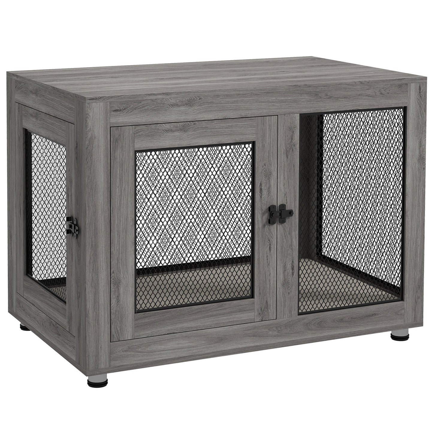 37in Dog Crate Furniture with Cushion, Indoor Pet Kennel End Table with 2 Doors, for Large Dogs, Grey