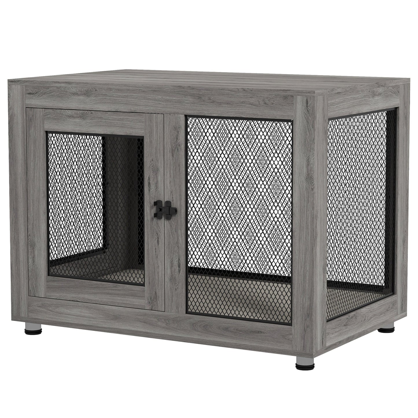 37in Dog Crate Furniture with Cushion, Indoor Pet Kennel End Table with 2 Doors, for Large Dogs, Grey