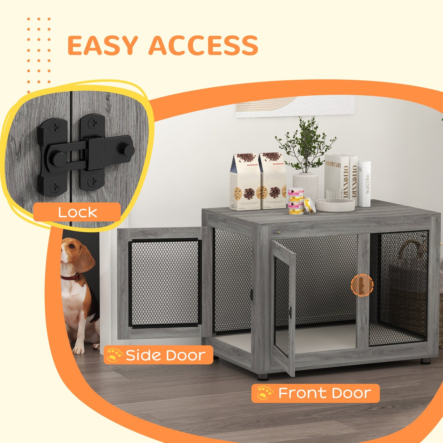 37in Dog Crate Furniture with Cushion, Indoor Pet Kennel End Table with 2 Doors, for Large Dogs, Grey