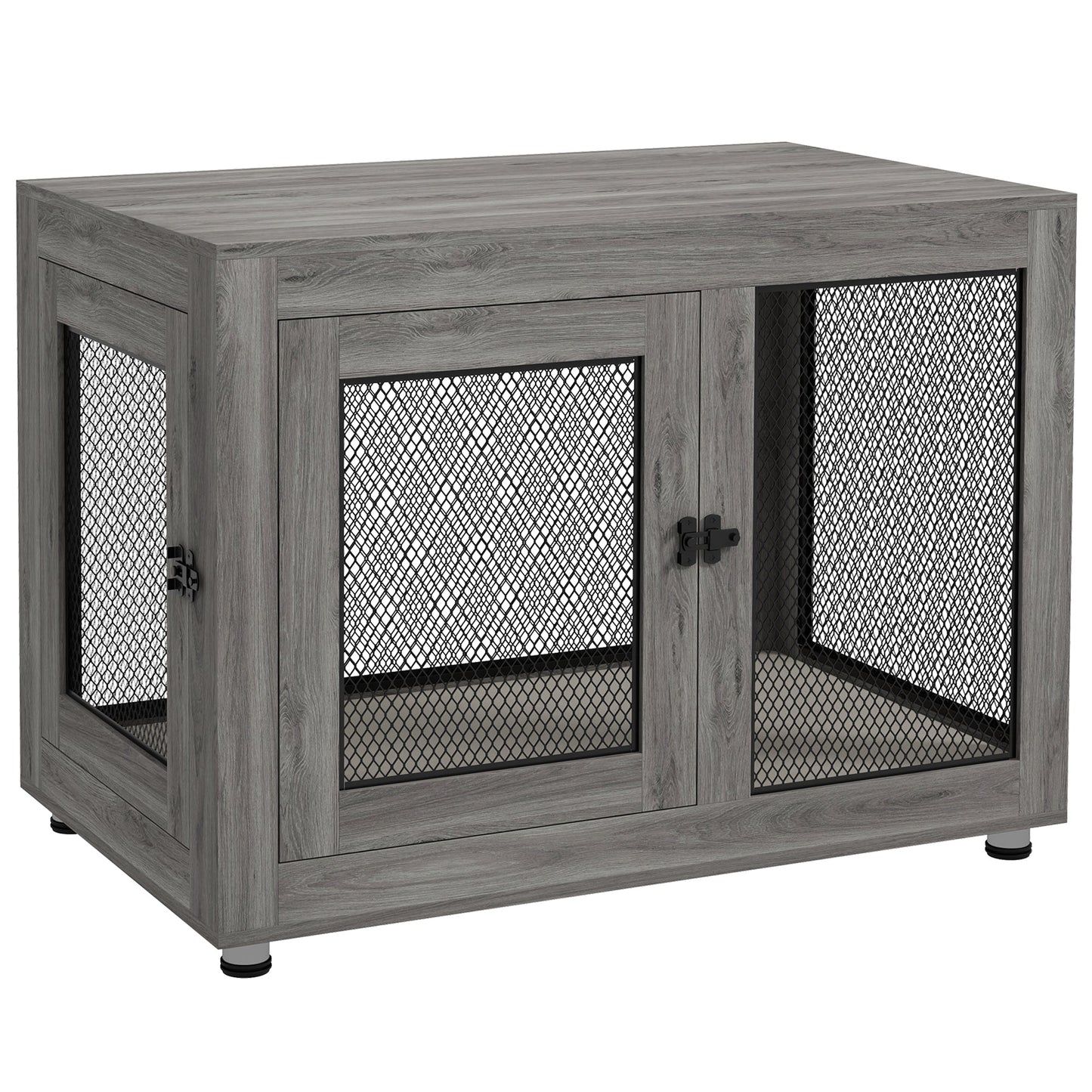 37in Dog Crate Furniture with Cushion, Indoor Pet Kennel End Table with 2 Doors, for Large Dogs, Grey