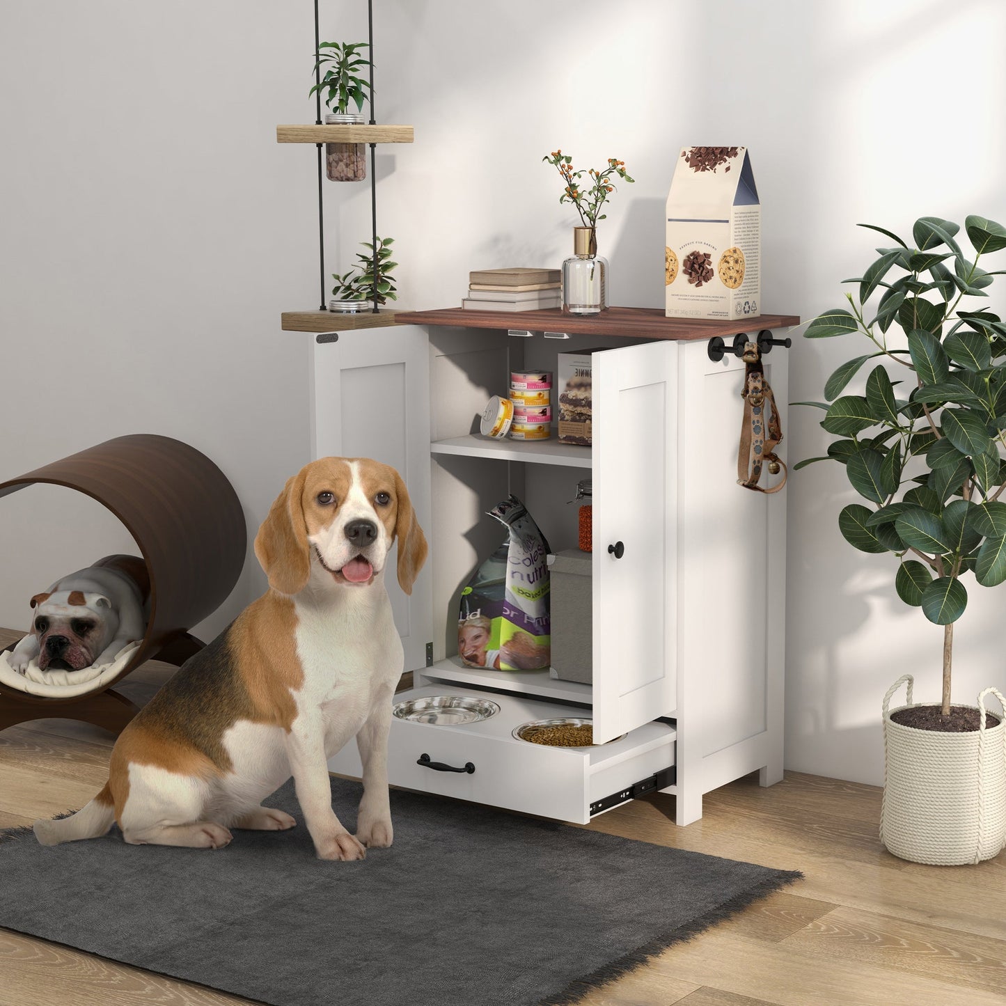 Dog Feeding Station, Furniture Style Pet Food Storage Container with Hidden Raised Bowls, Adjustable Panel, Hooks, for Medium Sized Dogs, White