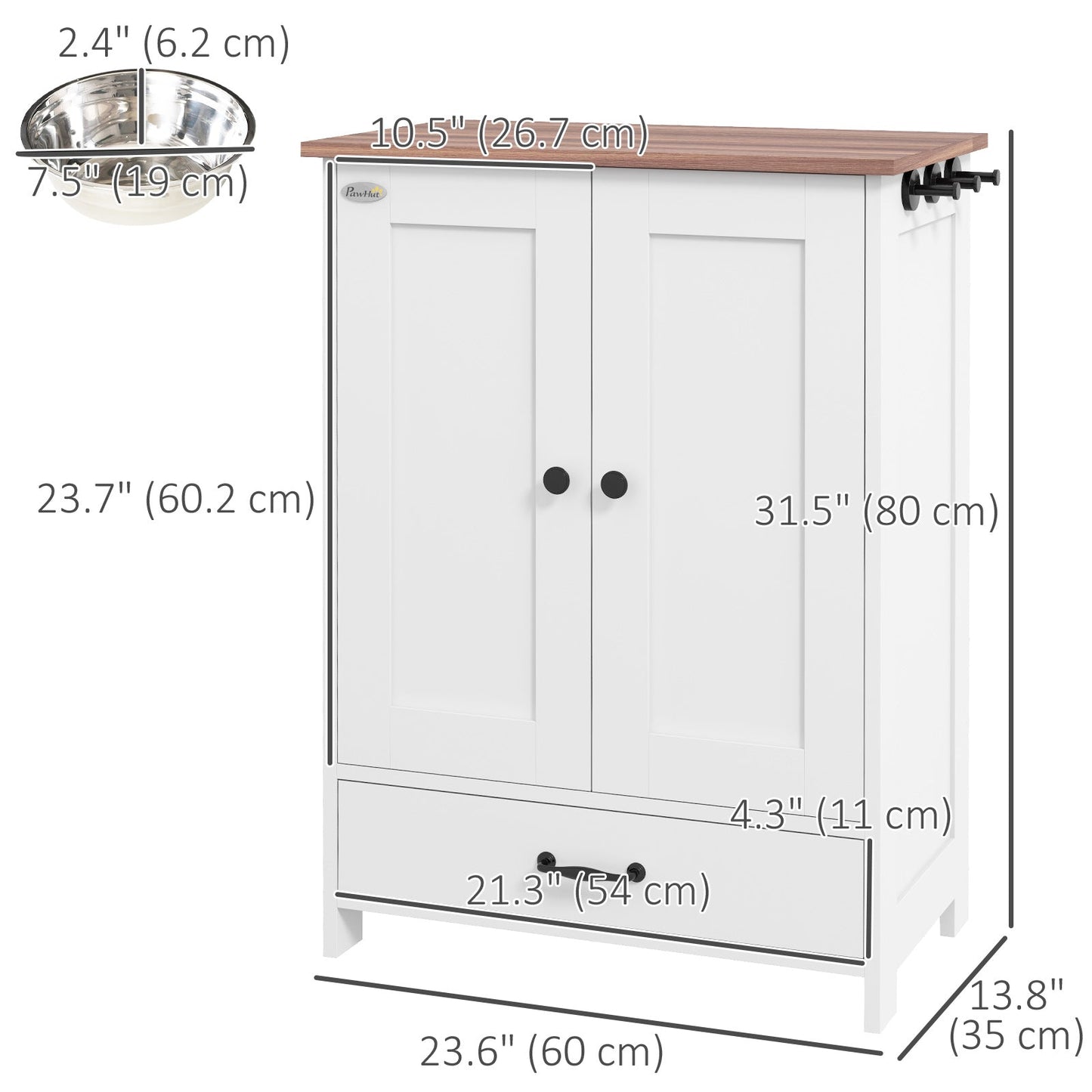 Dog Feeding Station, Furniture Style Pet Food Storage Container with Hidden Raised Bowls, Adjustable Panel, Hooks, for Medium Sized Dogs, White