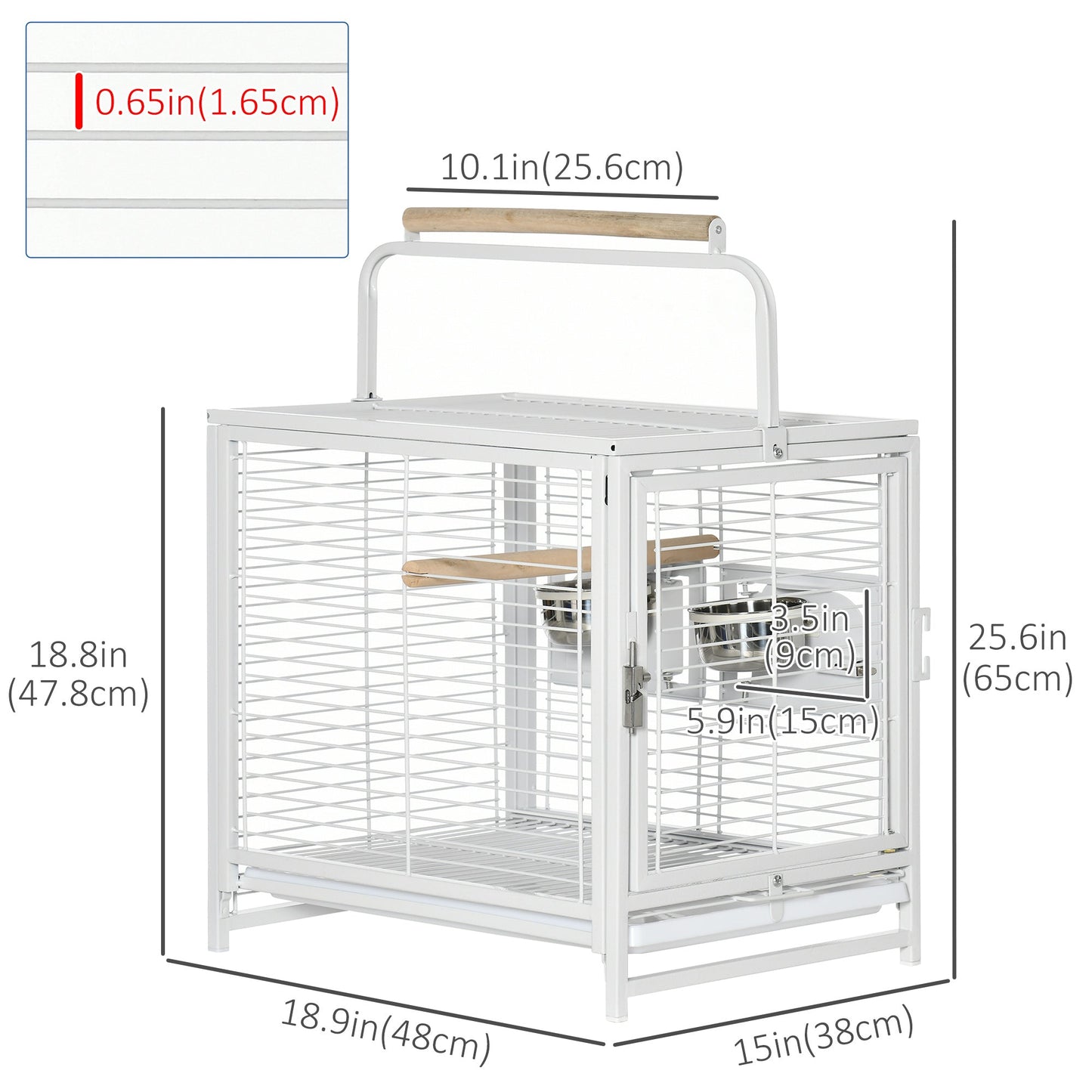 Bird Travel Carrier Cage for Parrots Conures African Grey Cockatiel Parakeets with Stand Perch, Stainless Steel Bowls, Pull Out Tray, White