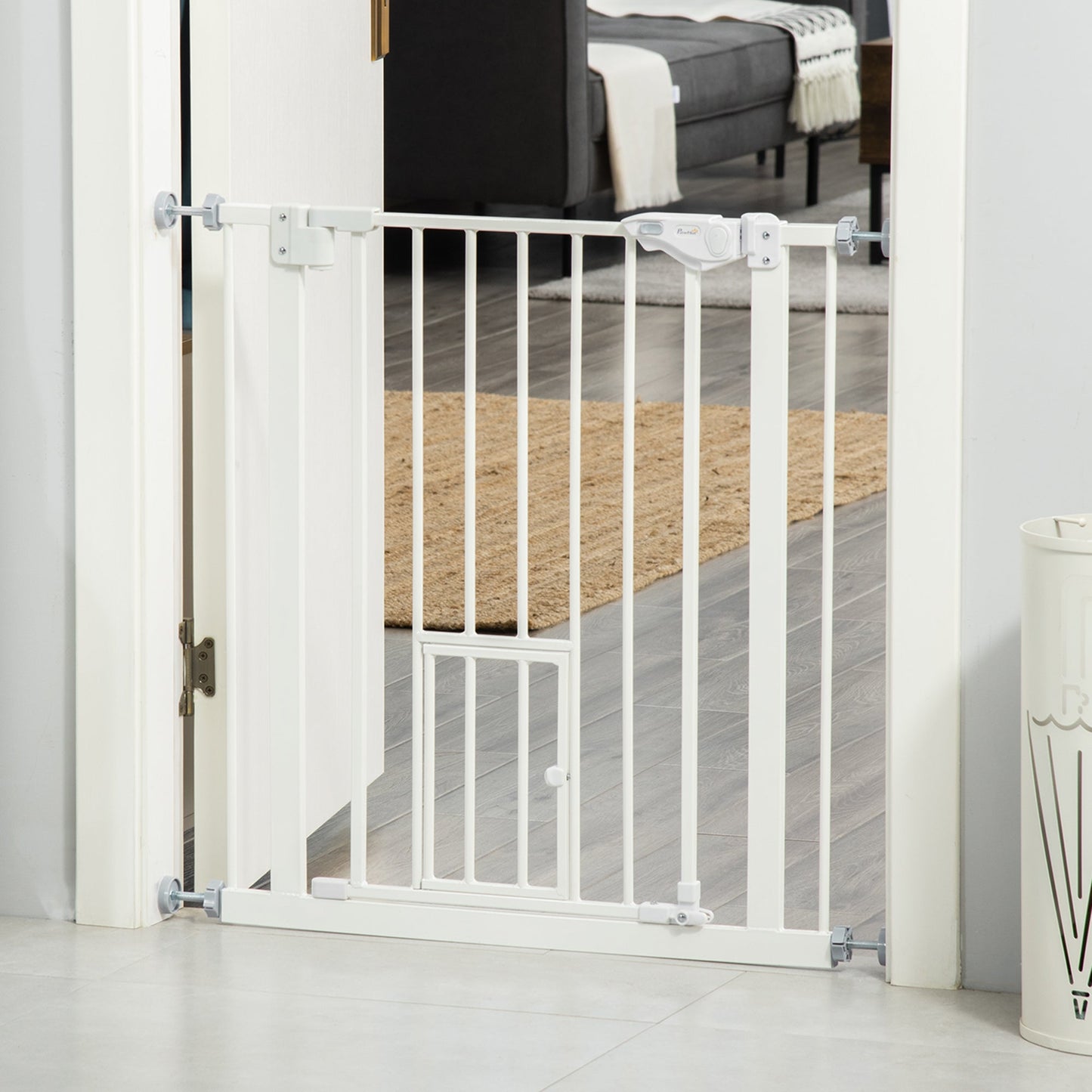 30"H Dog Gate with Cat Door, Pet Gate with Small Door, Easy Open Indoor Dog Gates for Doorways, House, Stair, 29"-32" Long, White