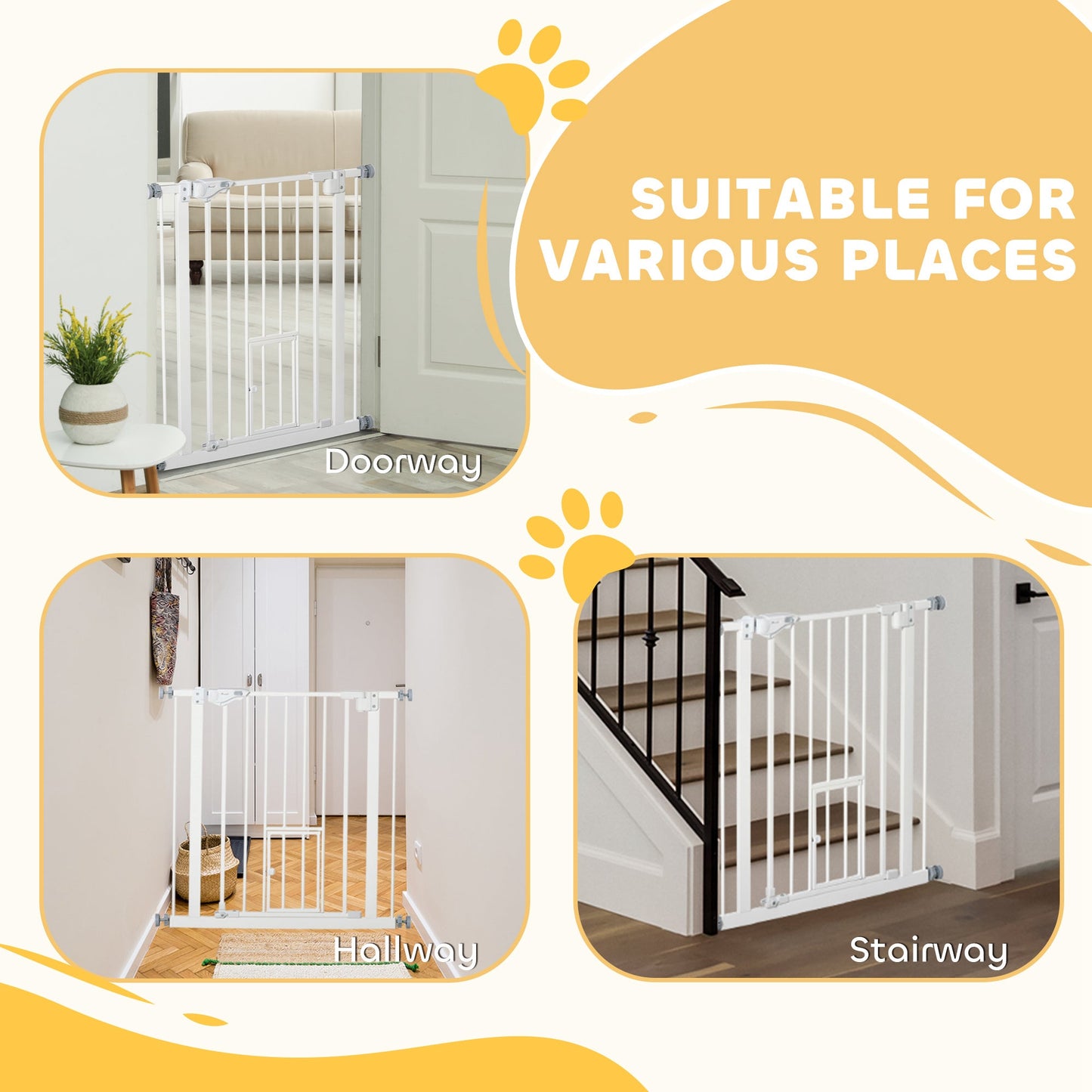 30"H Dog Gate with Cat Door, Pet Gate with Small Door, Easy Open Indoor Dog Gates for Doorways, House, Stair, 29"-32" Long, White