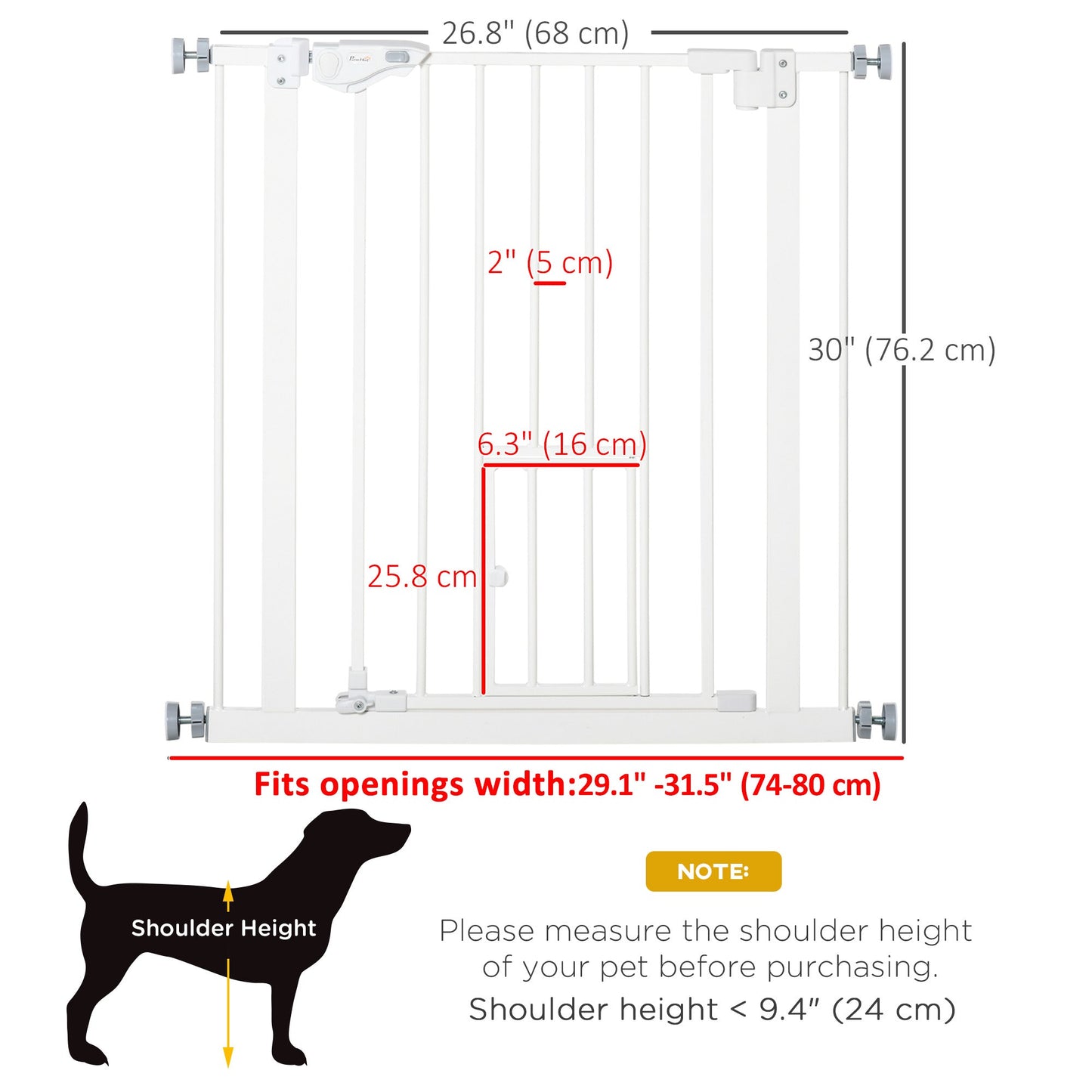 30"H Dog Gate with Cat Door, Pet Gate with Small Door, Easy Open Indoor Dog Gates for Doorways, House, Stair, 29"-32" Long, White