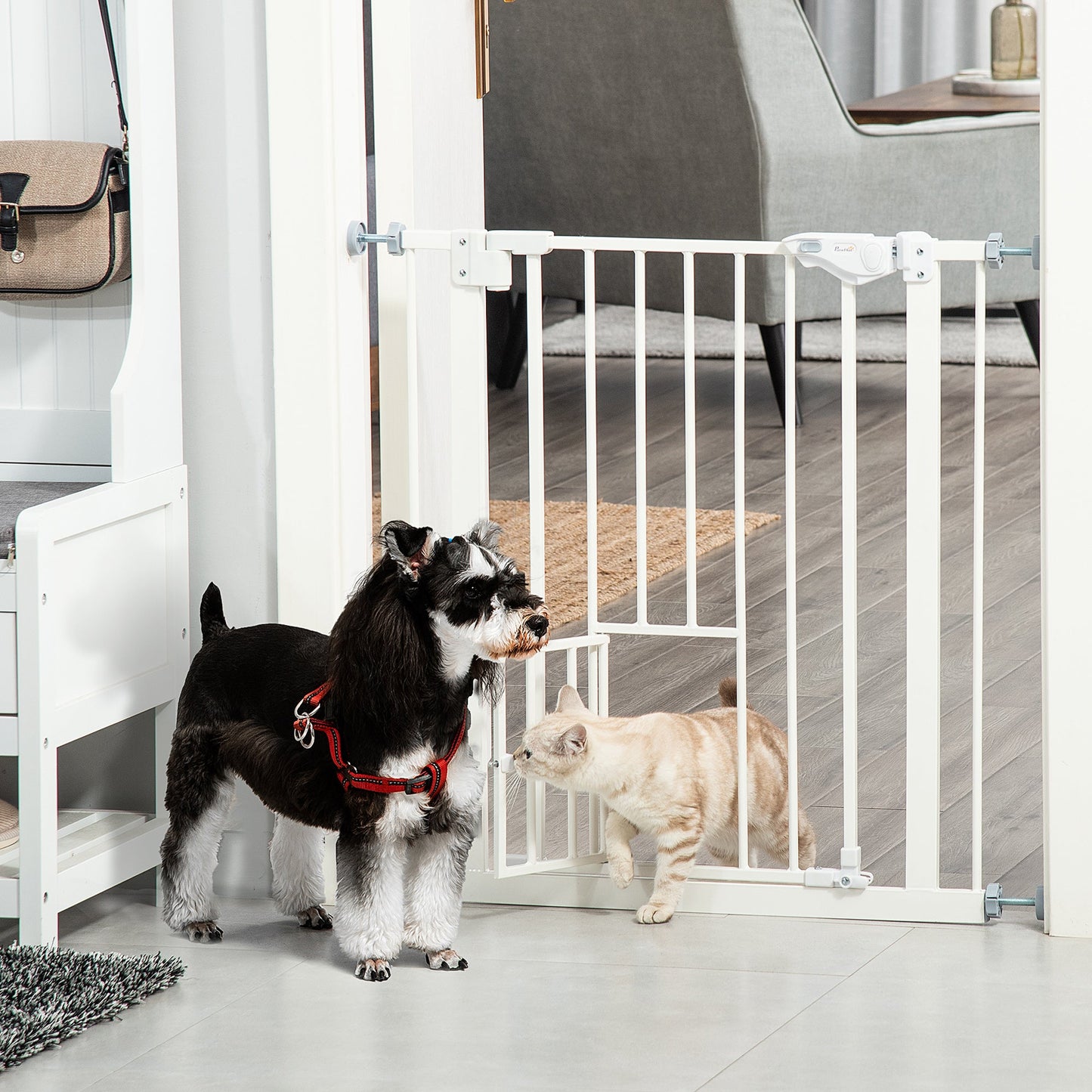 30"H Dog Gate with Cat Door, Pet Gate with Small Door, Easy Open Indoor Dog Gates for Doorways, House, Stair, 29"-32" Long, White