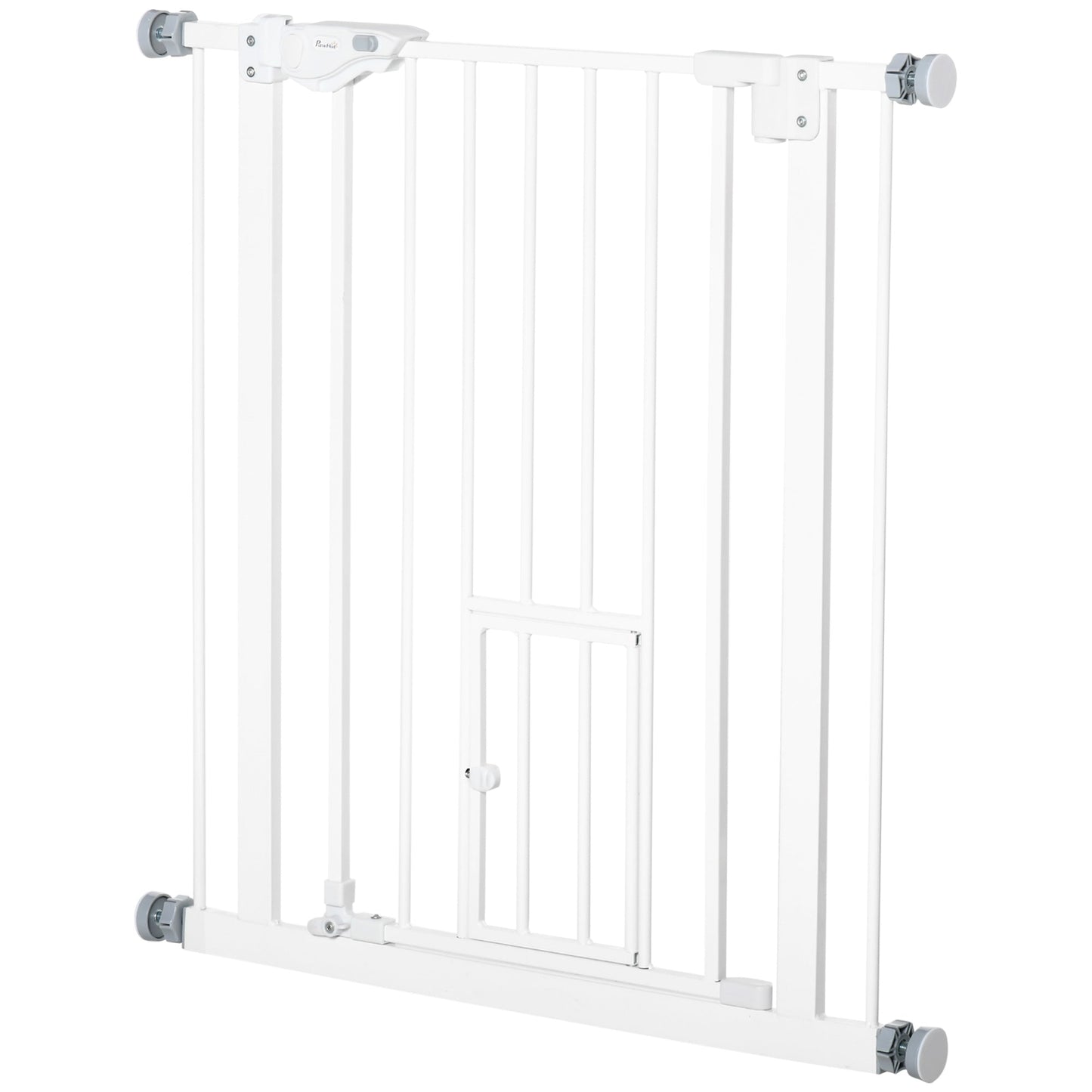 30"H Dog Gate with Cat Door, Pet Gate with Small Door, Easy Open Indoor Dog Gates for Doorways, House, Stair, 29"-32" Long, White