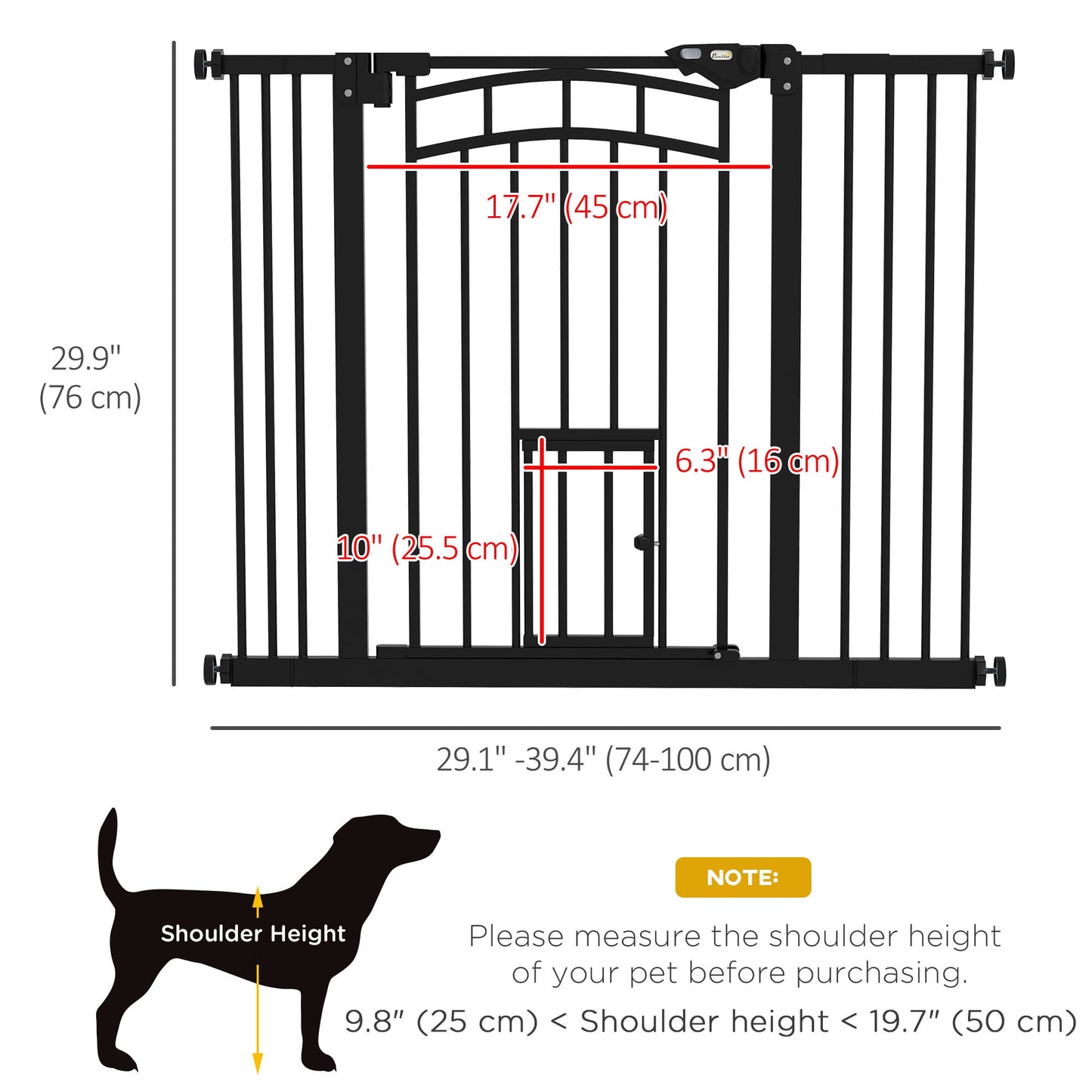 30"H Tall Dog Gate, Pet Gate with Cat Door, Auto-Close Pressure-Mounted Steel Safety Gate Barrier, Double Locking for Doorways Hallways Stairs, Fits 29"-39.4"W, Black
