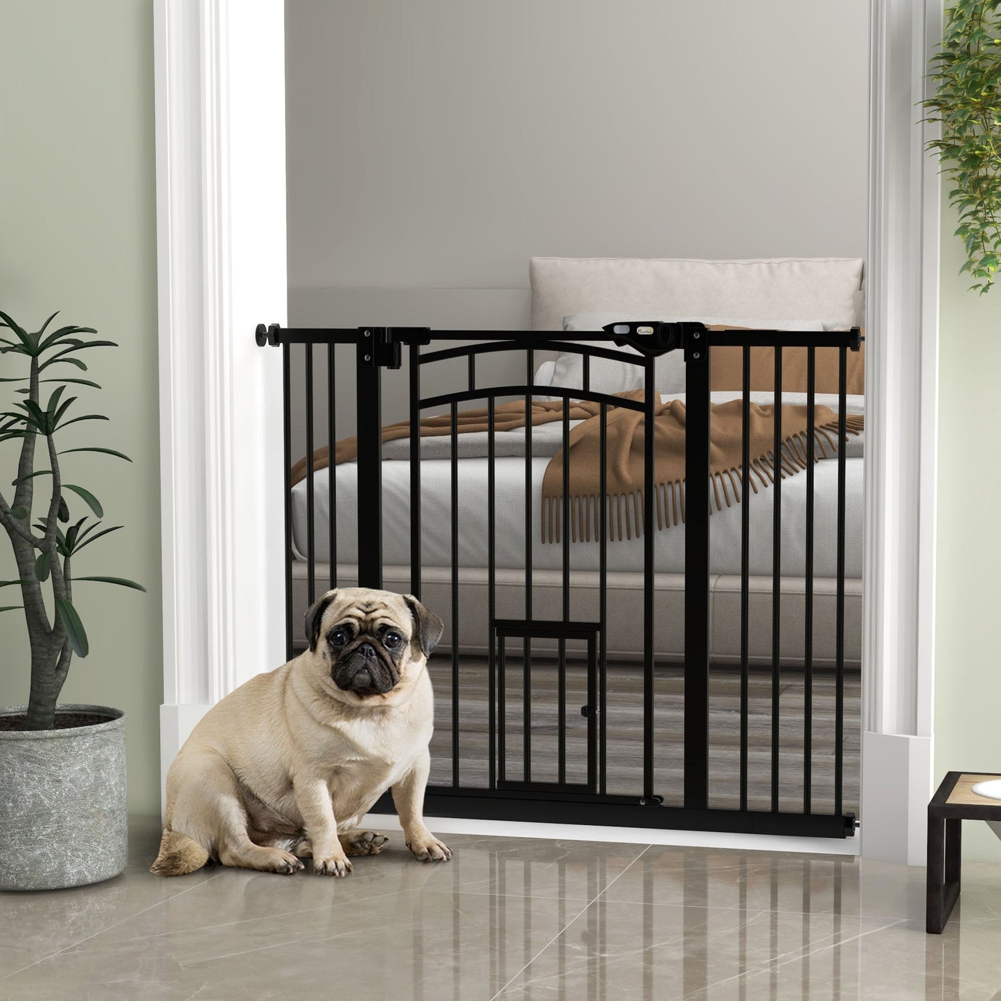 30"H Tall Dog Gate, Pet Gate with Cat Door, Auto-Close Pressure-Mounted Steel Safety Gate Barrier, Double Locking for Doorways Hallways Stairs, Fits 29"-39.4"W, Black