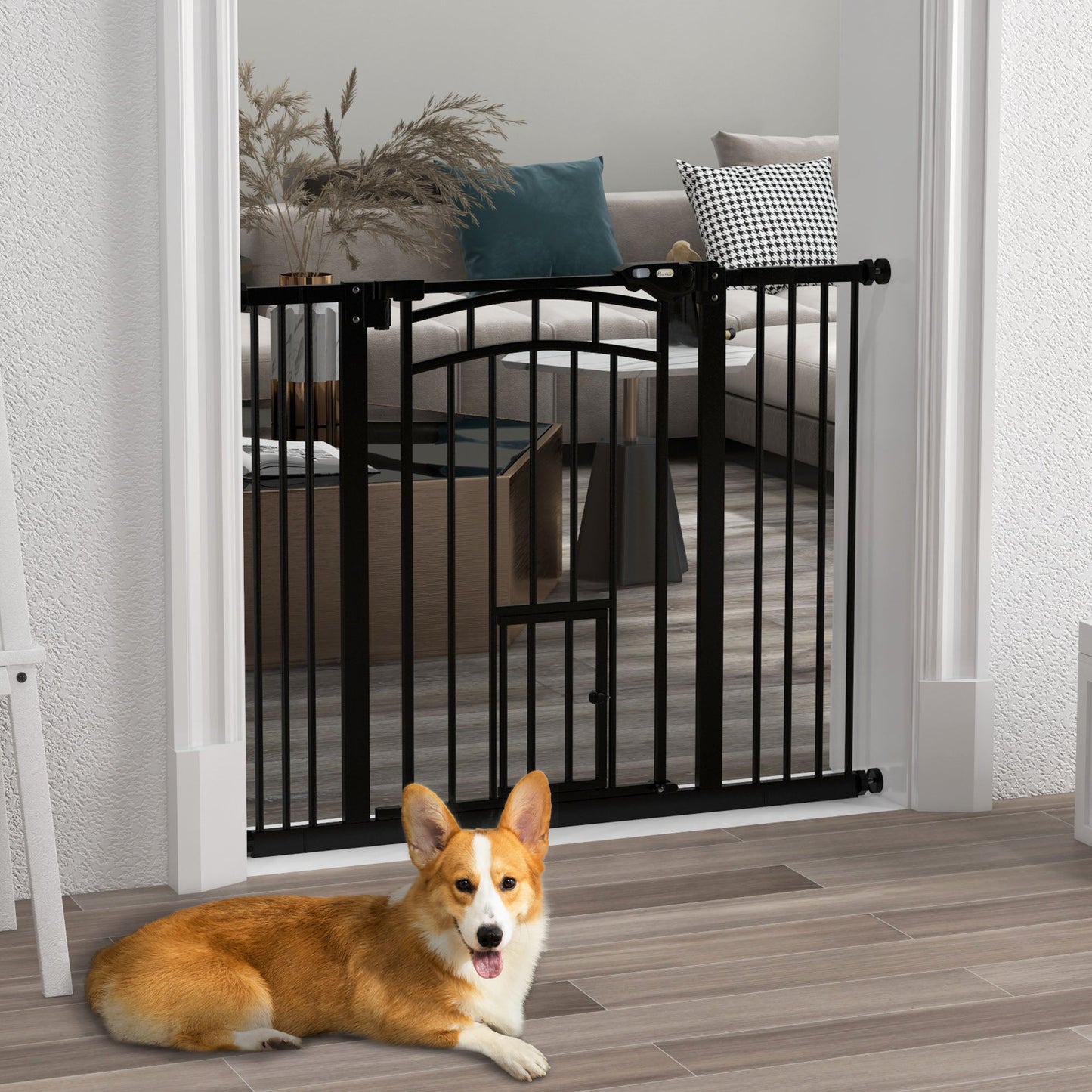 30"H Tall Dog Gate, Pet Gate with Cat Door, Auto-Close Pressure-Mounted Steel Safety Gate Barrier, Double Locking for Doorways Hallways Stairs, Fits 29"-39.4"W, Black