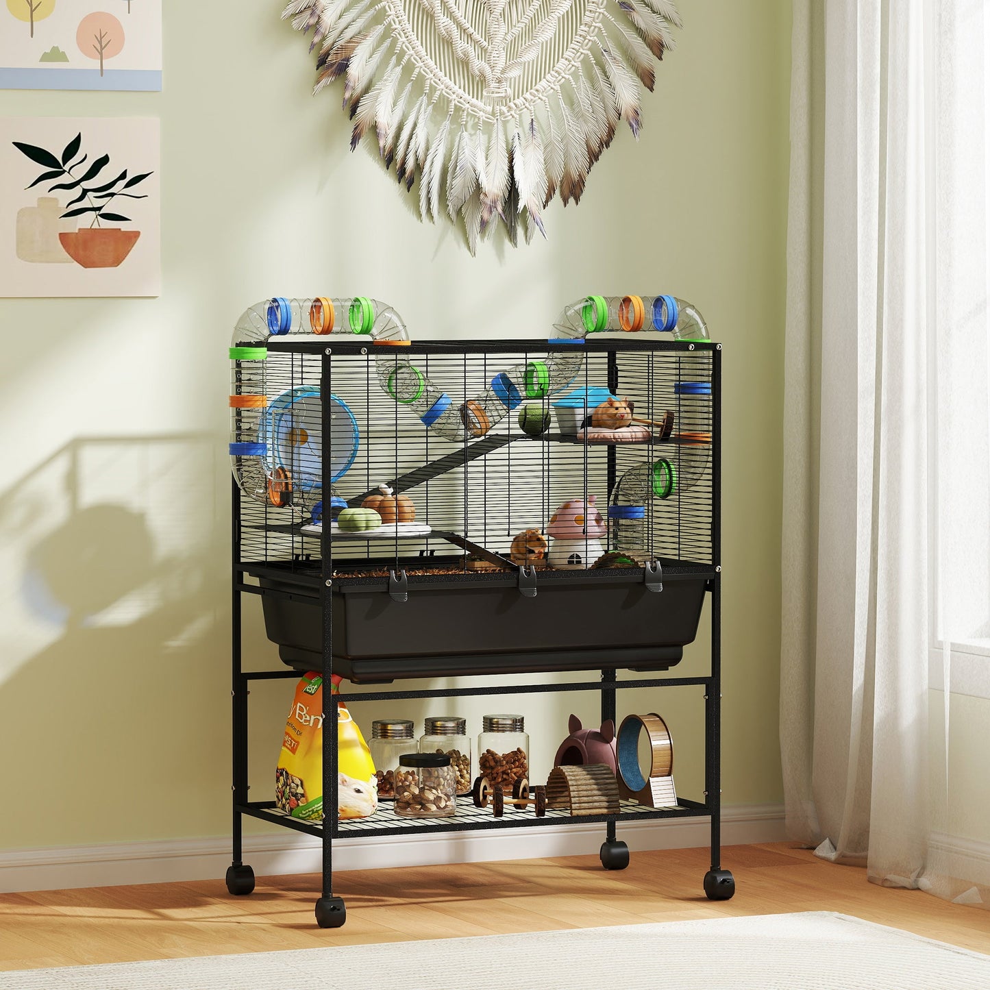 Large Hamster Cage with 7" Deep Tray, 3 Tier Rolling Gerbil Cage with Storage Shelf, Big Exercise Wheel, Tube System, Hut, Platforms, Ramps, for Syrian, Gerbil, Rat