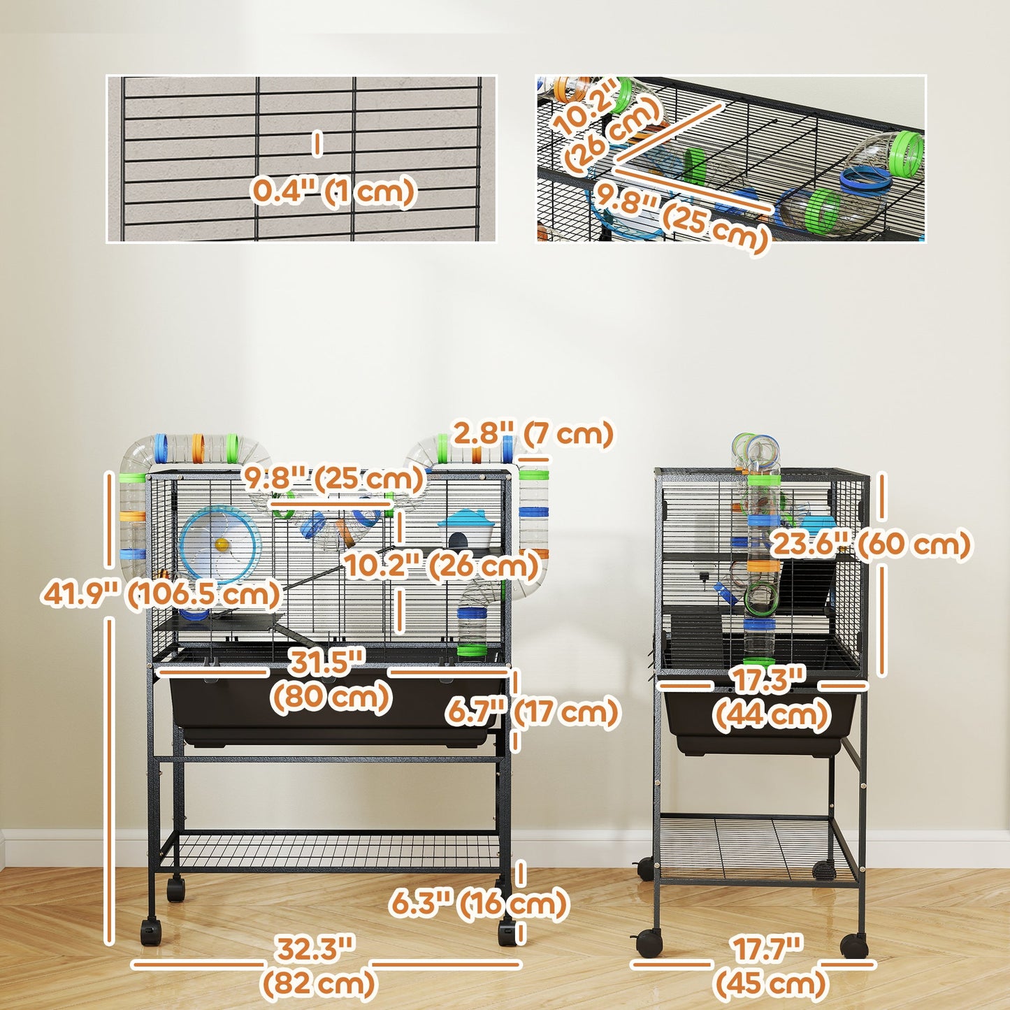 Large Hamster Cage with 7" Deep Tray, 3 Tier Rolling Gerbil Cage with Storage Shelf, Big Exercise Wheel, Tube System, Hut, Platforms, Ramps, for Syrian, Gerbil, Rat