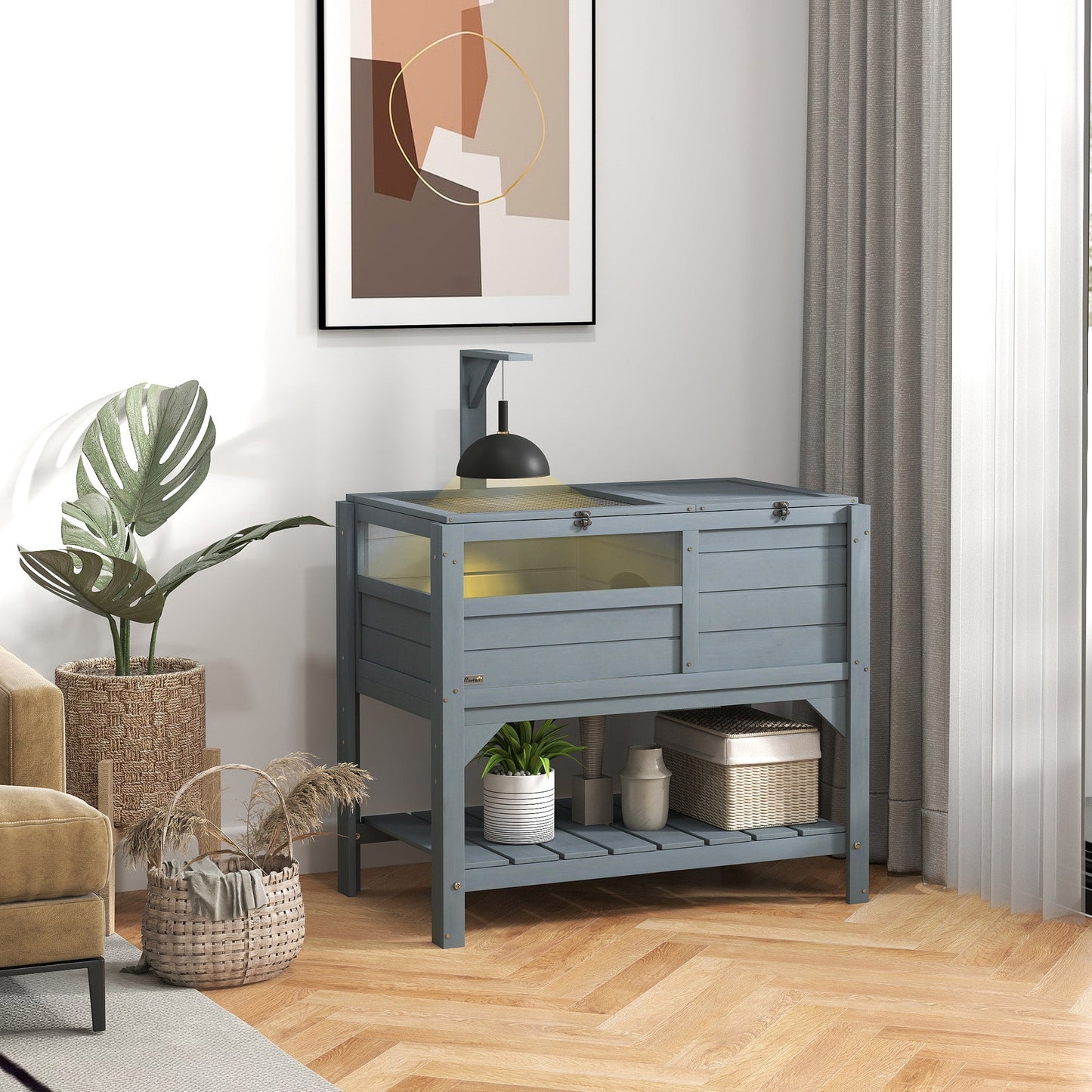 Wooden Tortoise House Habitat with Shelf, Tortoise Enclosure for Small Animals with Light Support Frame, Reptile Cage with Tray for Indoor Use, 33" L x 20" W x 41" H