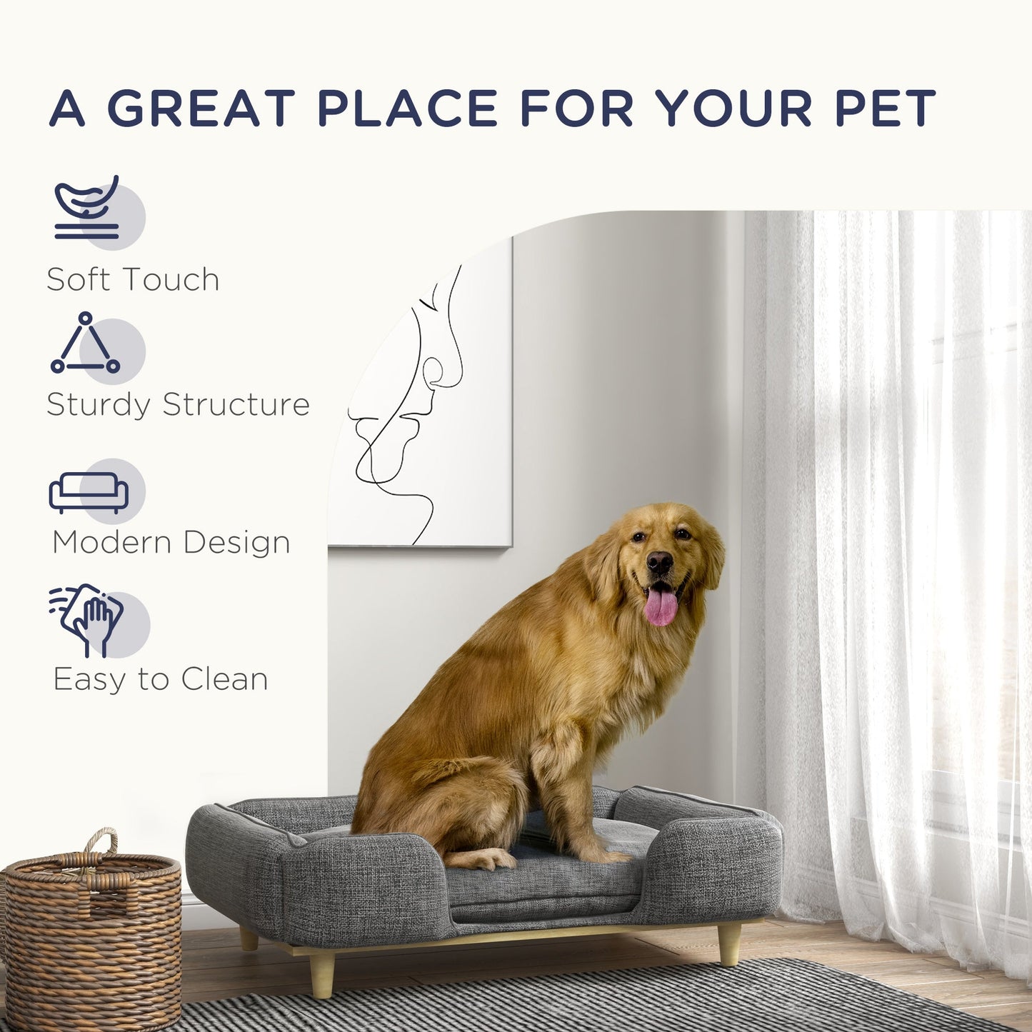 Dog Sofa, Elevated Dog Couch for Large Dogs, Removable Washable Pet Sofa Cat Bed with Anti-slip Foot Pads, Dark Grey