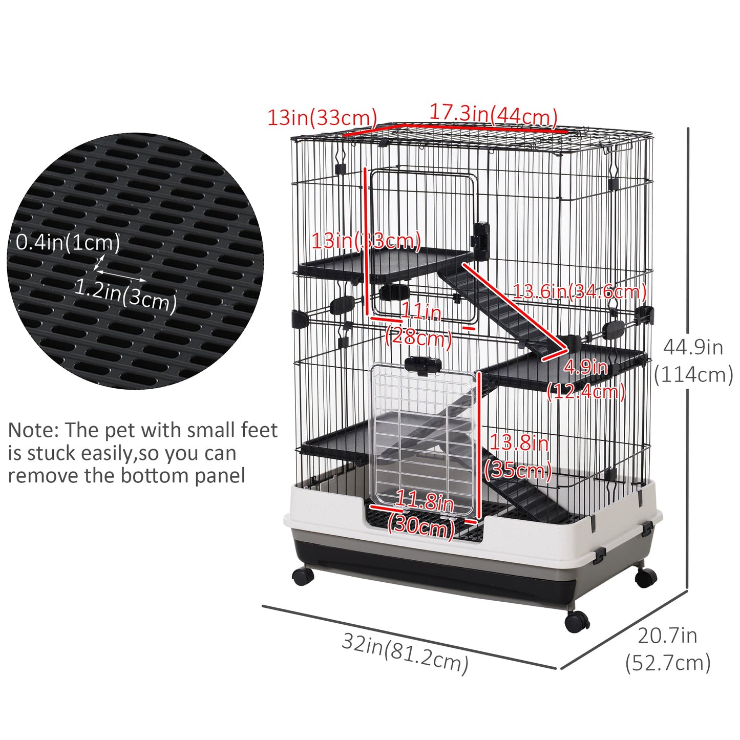 45"H 4-Level Small Animal Cage Rabbit Hutch with Universal Lockable Wheels, Slide-out Tray for Bunny, Chinchillas, Ferret, Black