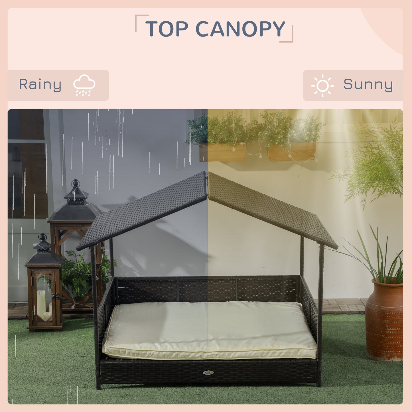 Rattan Dog House Outdoor with Shade Canopy, Elevated Wicker Dog Bed with Soft Cushion Washable Cover, for Medium Large Dogs, Cream White