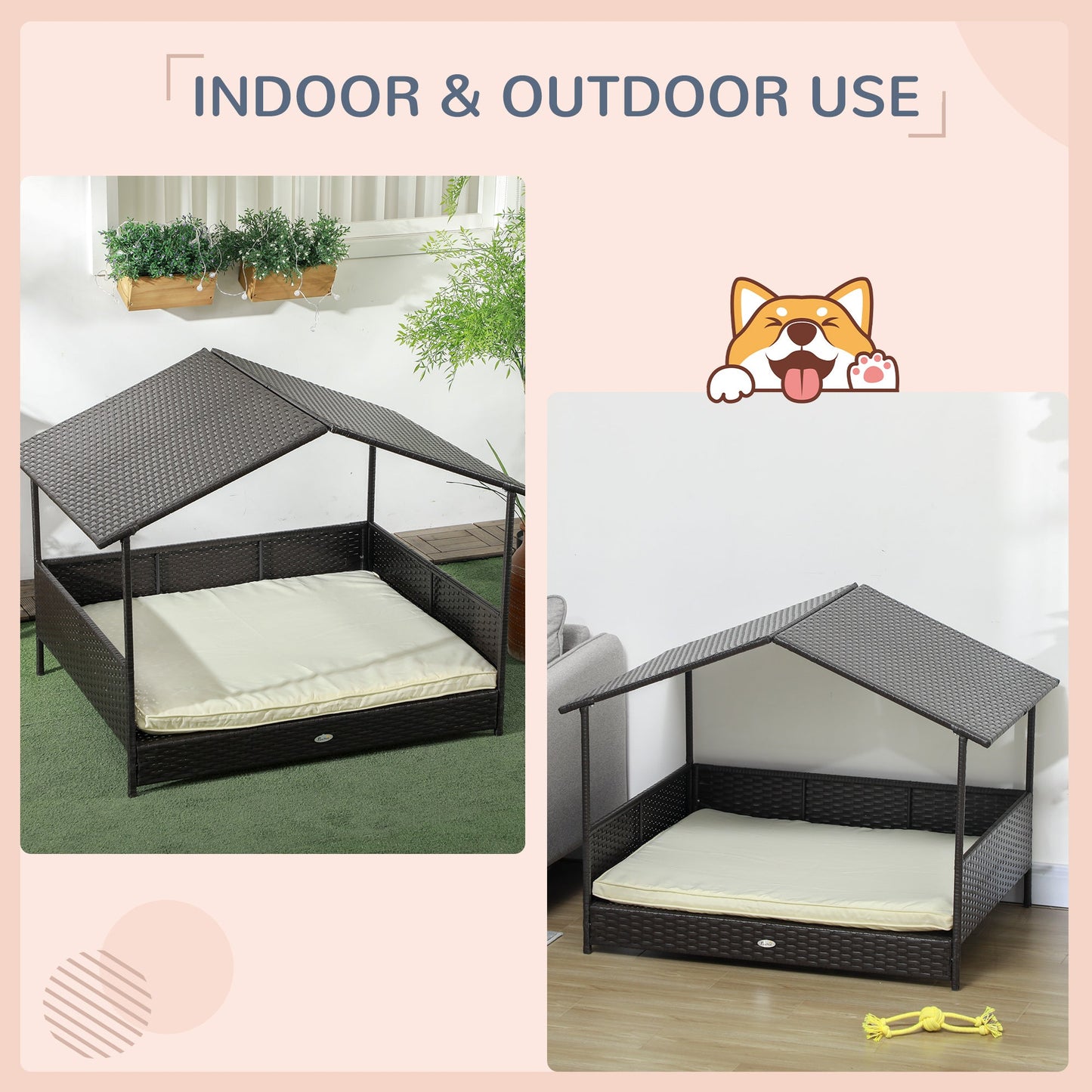 Rattan Dog House Outdoor with Shade Canopy, Elevated Wicker Dog Bed with Soft Cushion Washable Cover, for Medium Large Dogs, Cream White