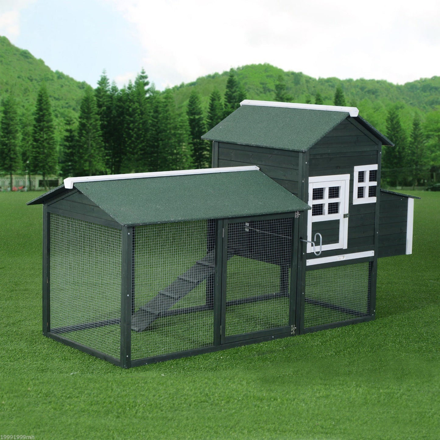 84" Chicken Coop Wooden Hen House Rabbit Hutch Poultry Cage Pen Outdoor Backyard with Nesting Box and Run, Green