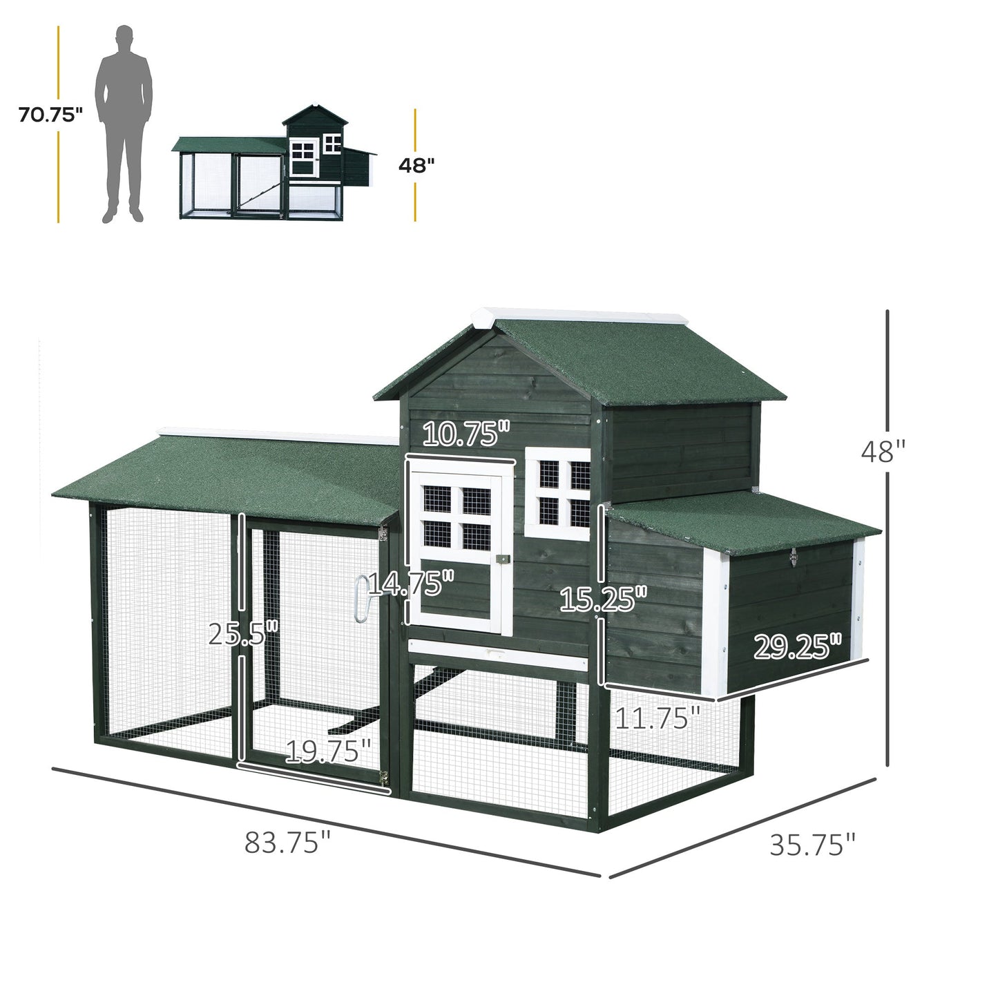 84" Chicken Coop Wooden Hen House Rabbit Hutch Poultry Cage Pen Outdoor Backyard with Nesting Box and Run, Green