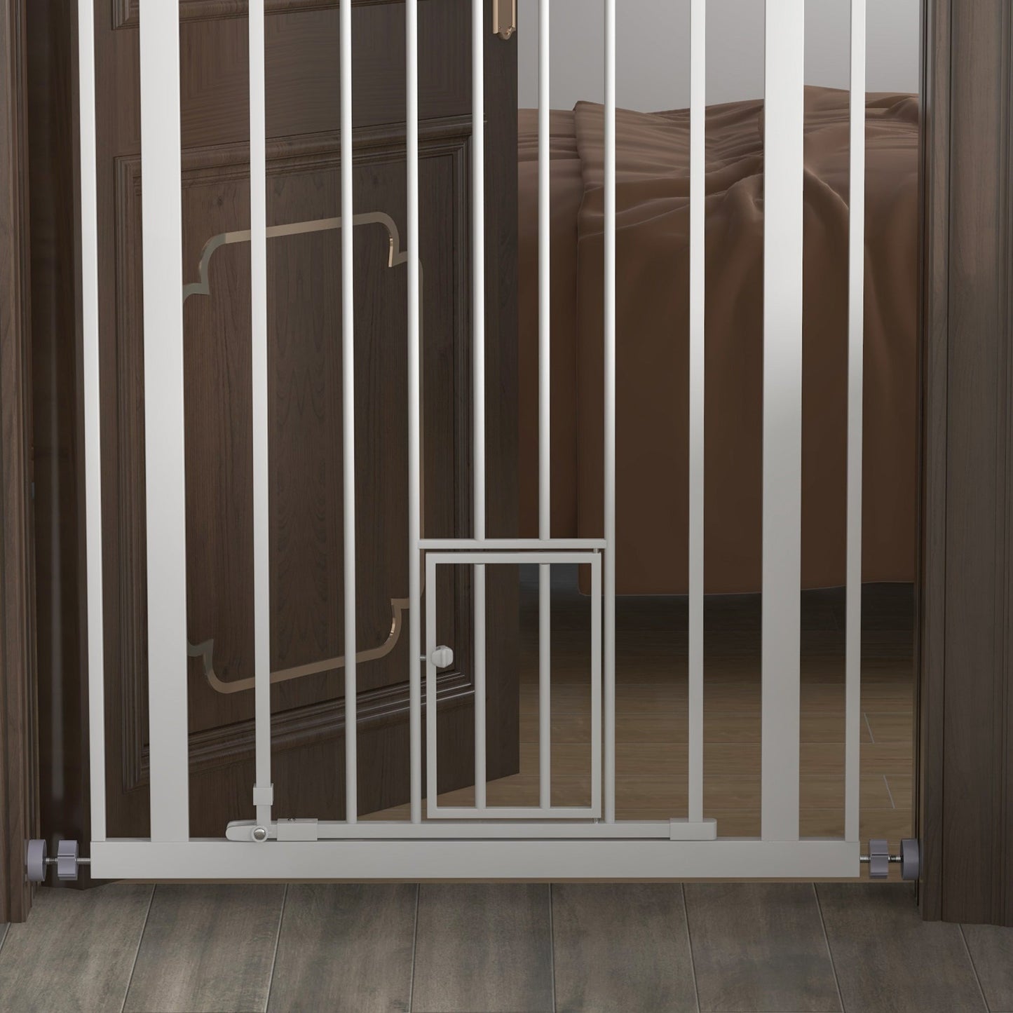 41"H Dog Gate with Cat Door, Pet Gate with Small Door, Easy Open Indoor Dog Gates for Doorways, House, Stair, 29"-31.5" Long, White