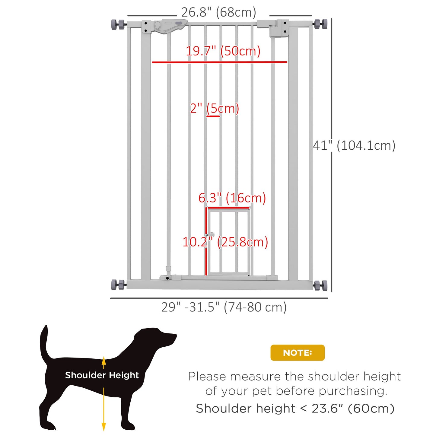 41"H Dog Gate with Cat Door, Pet Gate with Small Door, Easy Open Indoor Dog Gates for Doorways, House, Stair, 29"-31.5" Long, White