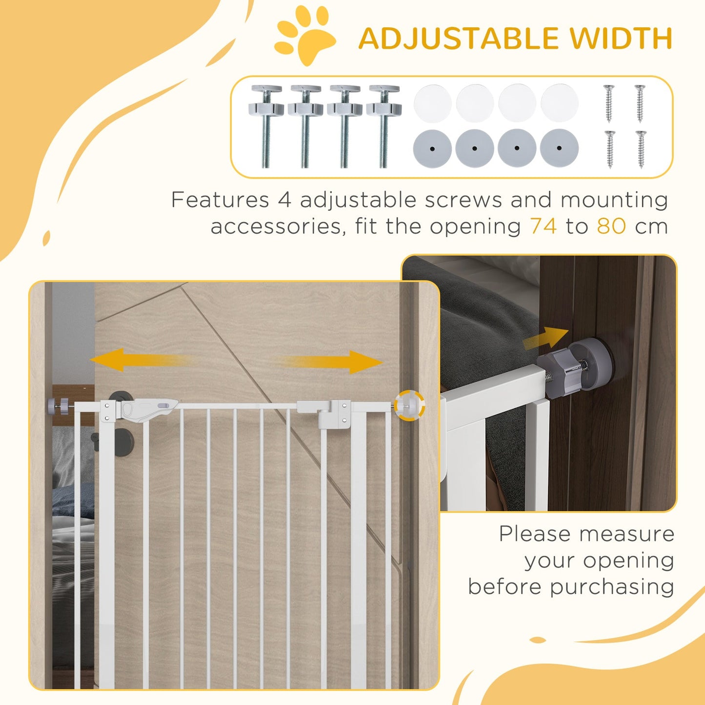 41"H Dog Gate with Cat Door, Pet Gate with Small Door, Easy Open Indoor Dog Gates for Doorways, House, Stair, 29"-31.5" Long, White