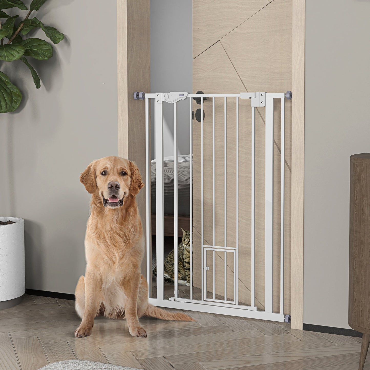 41"H Dog Gate with Cat Door, Pet Gate with Small Door, Easy Open Indoor Dog Gates for Doorways, House, Stair, 29"-31.5" Long, White