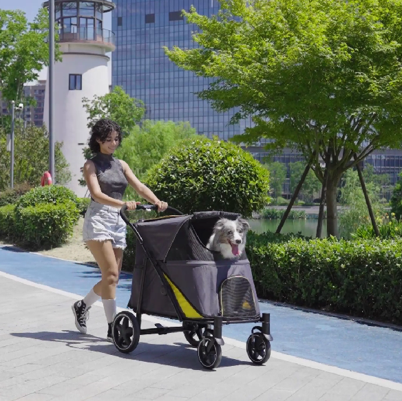 Pet Stroller with Shock Absorber & One-Click Fold for Large/Medium Dogs, Dark Grey