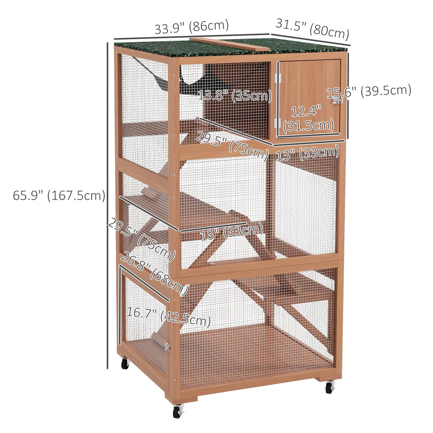 66"H Catio on Brake Wheel, Indoor Outdoor Cat Enclosure Cage with Weatherproof Roof Hammock Multiple Platforms Resting Condo Ramps Lockable Doors, for 1-3 Cats, Orange