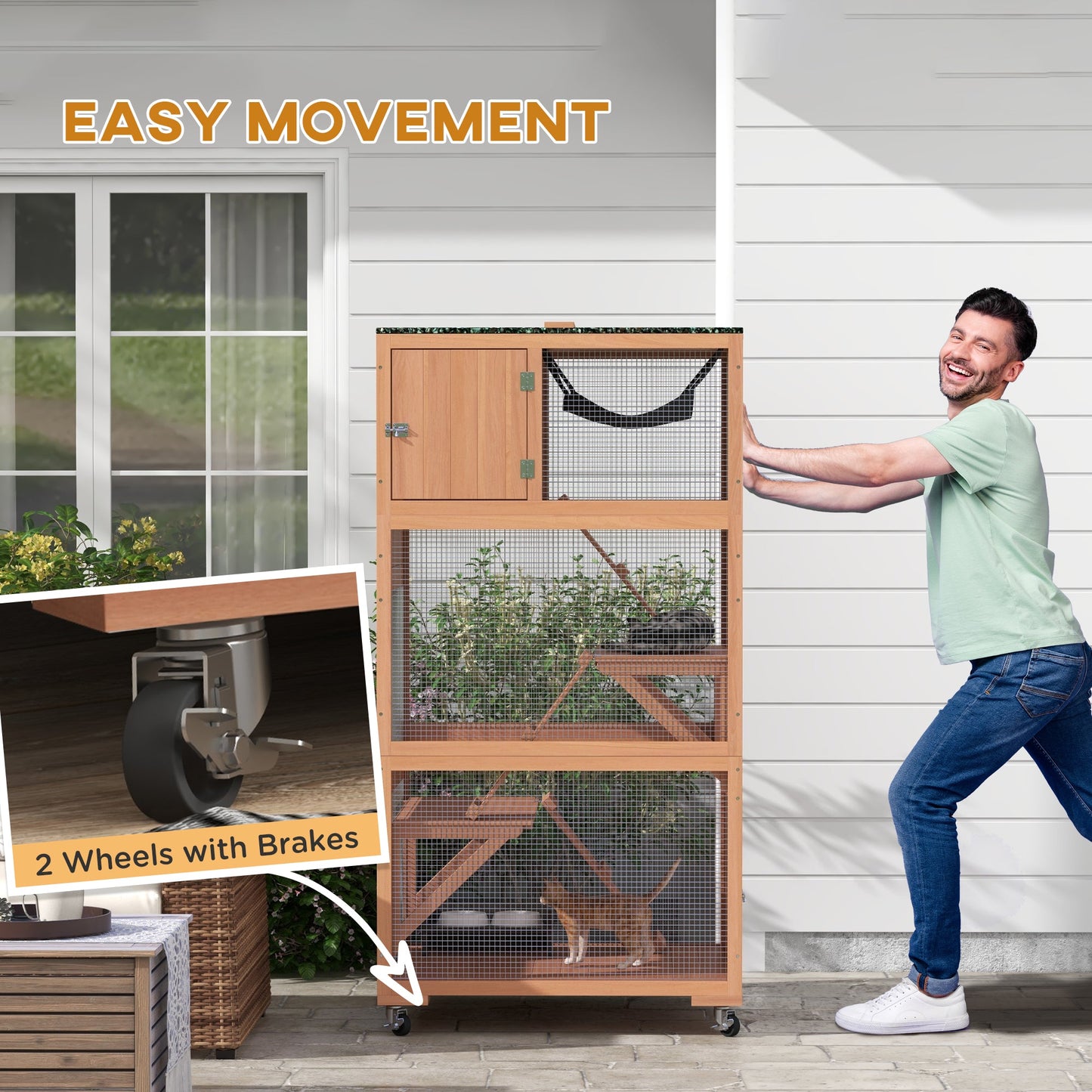 66"H Catio on Brake Wheel, Indoor Outdoor Cat Enclosure Cage with Weatherproof Roof Hammock Multiple Platforms Resting Condo Ramps Lockable Doors, for 1-3 Cats, Orange