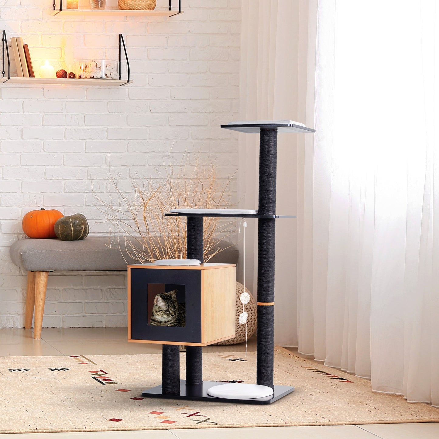 47" Wood Cat Tree, Cat Condo Tower with Scratching Post, Toy Ball, Black