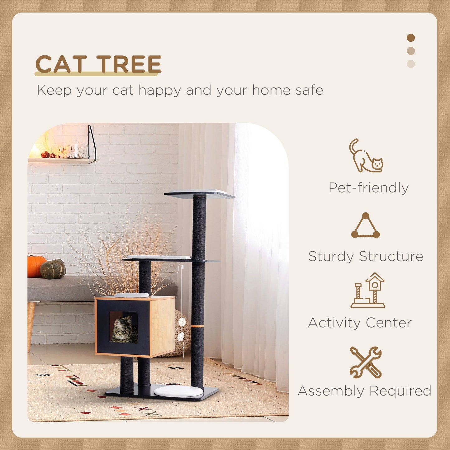 47" Wood Cat Tree, Cat Condo Tower with Scratching Post, Toy Ball, Black