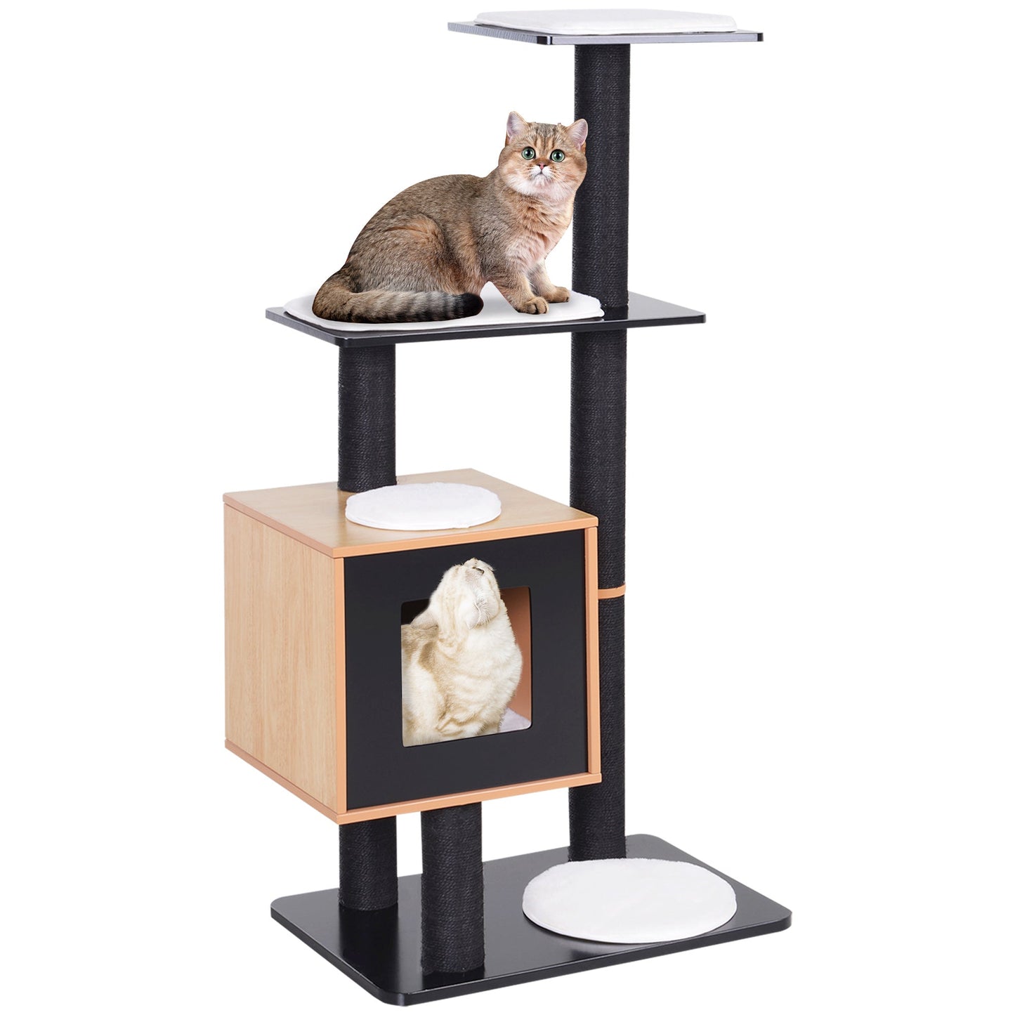 47" Wood Cat Tree, Cat Condo Tower with Scratching Post, Toy Ball, Black