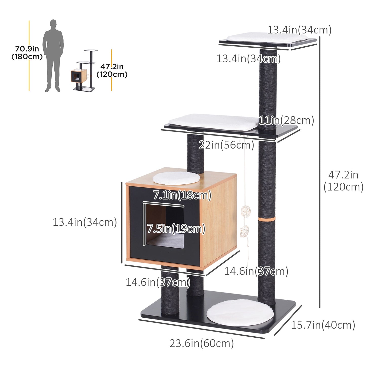 47" Wood Cat Tree, Cat Condo Tower with Scratching Post, Toy Ball, Black