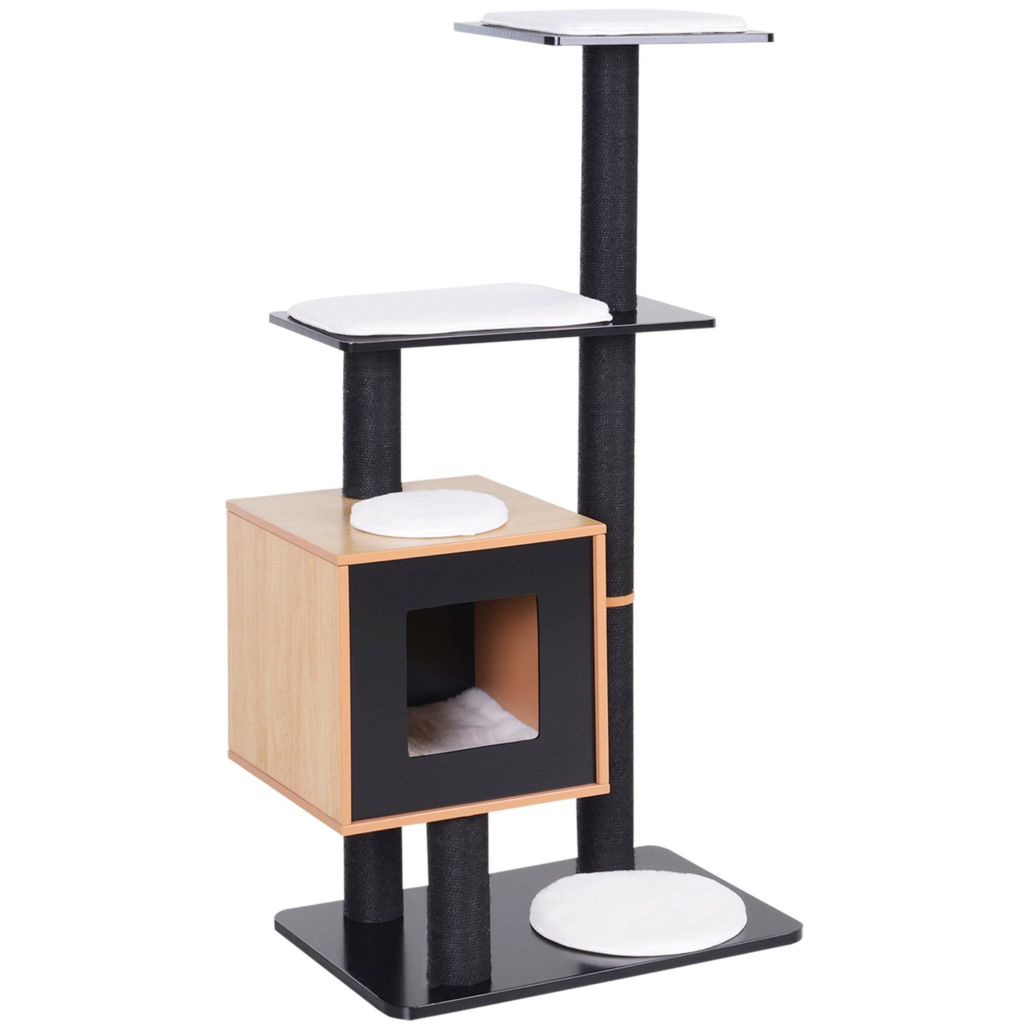 47" Wood Cat Tree, Cat Condo Tower with Scratching Post, Toy Ball, Black