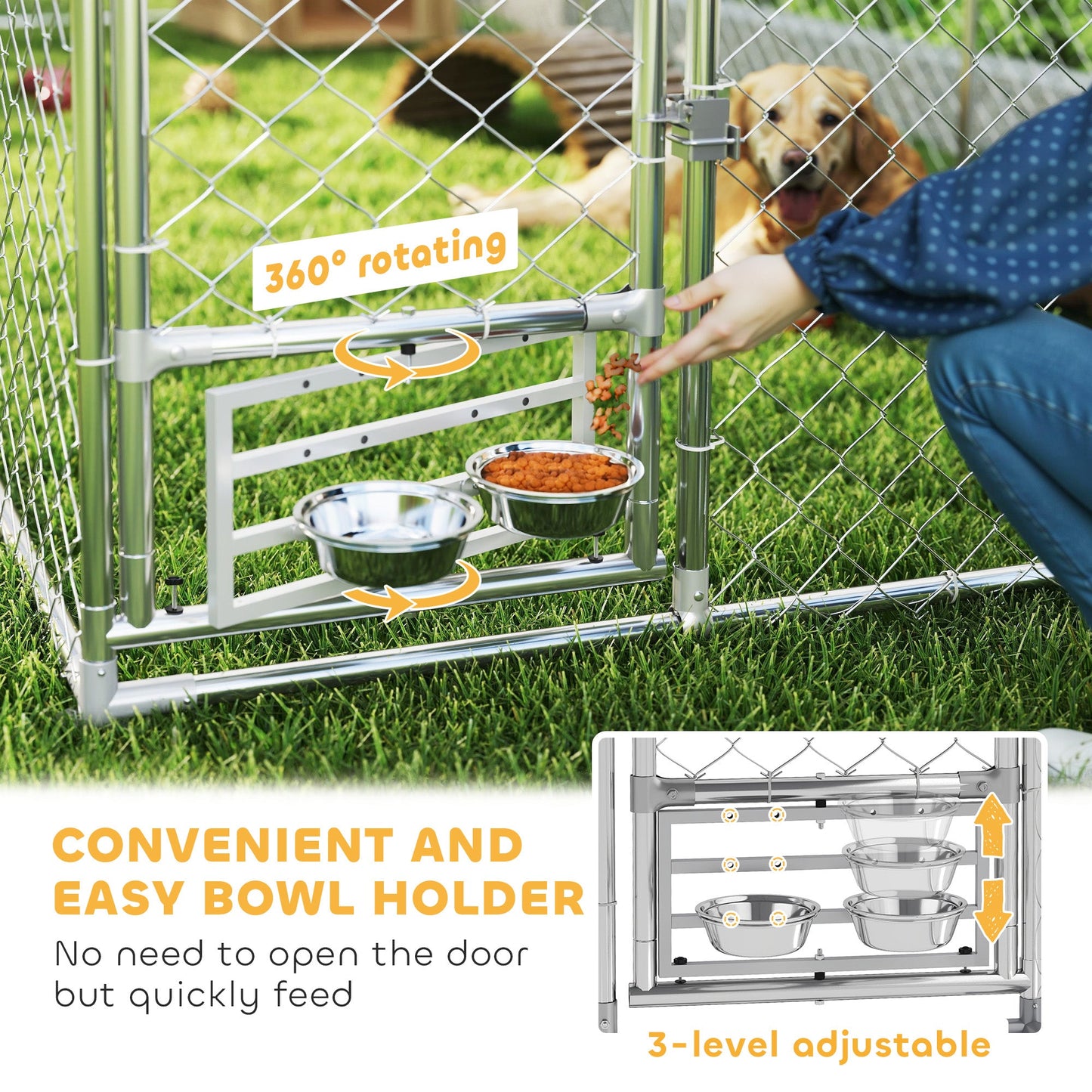 Outdoor Dog Kennel with Roof, Heavy Duty Dog Run Outdoor Fence Cage with Adjustable & Rotating Bowls, Waterproof UV-Resistant Cover, Secure Lock, 19.7' x 7.5' x 5.2'