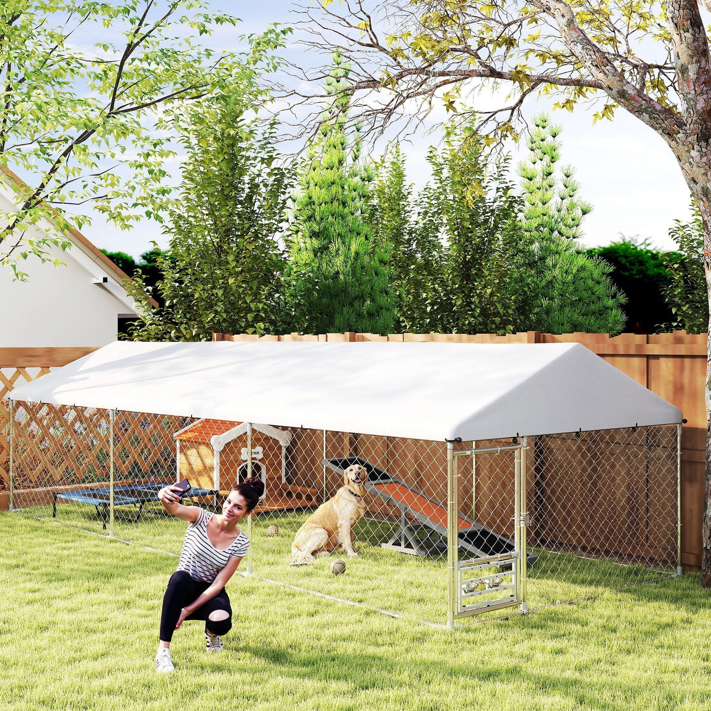 Outdoor Dog Kennel with Roof, Heavy Duty Dog Run Outdoor Fence Cage with Adjustable & Rotating Bowls, Waterproof UV-Resistant Cover, Secure Lock, 19.7' x 7.5' x 5.2'