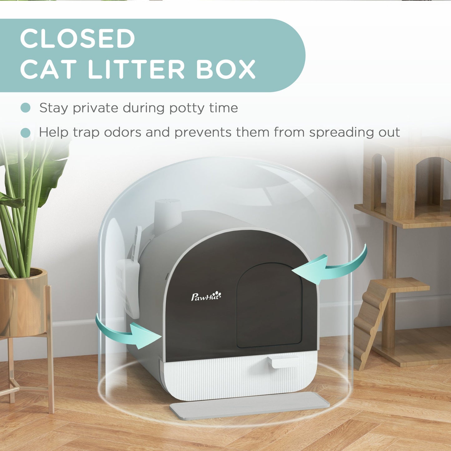Large Cat Litter Box with Lid, Enclosed Kitty Litter Box with Slide-out Tray, Scoop, Filter, Light Grey