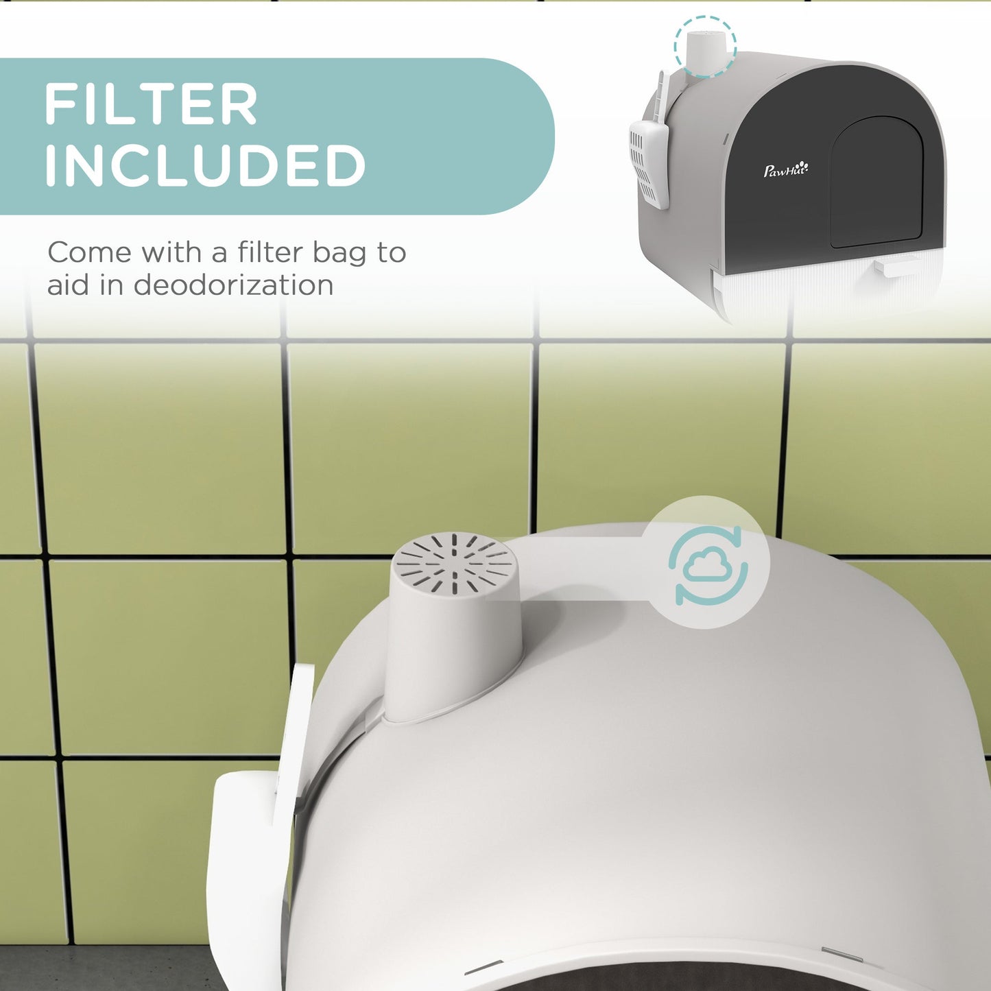 Large Cat Litter Box with Lid, Enclosed Kitty Litter Box with Slide-out Tray, Scoop, Filter, Light Grey