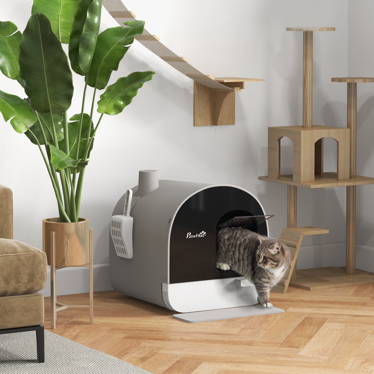 Large Cat Litter Box with Lid, Enclosed Kitty Litter Box with Slide-out Tray, Scoop, Filter, Light Grey
